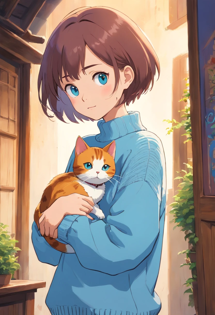 Short-haired girl wearing light blue sweater holding cat sideways