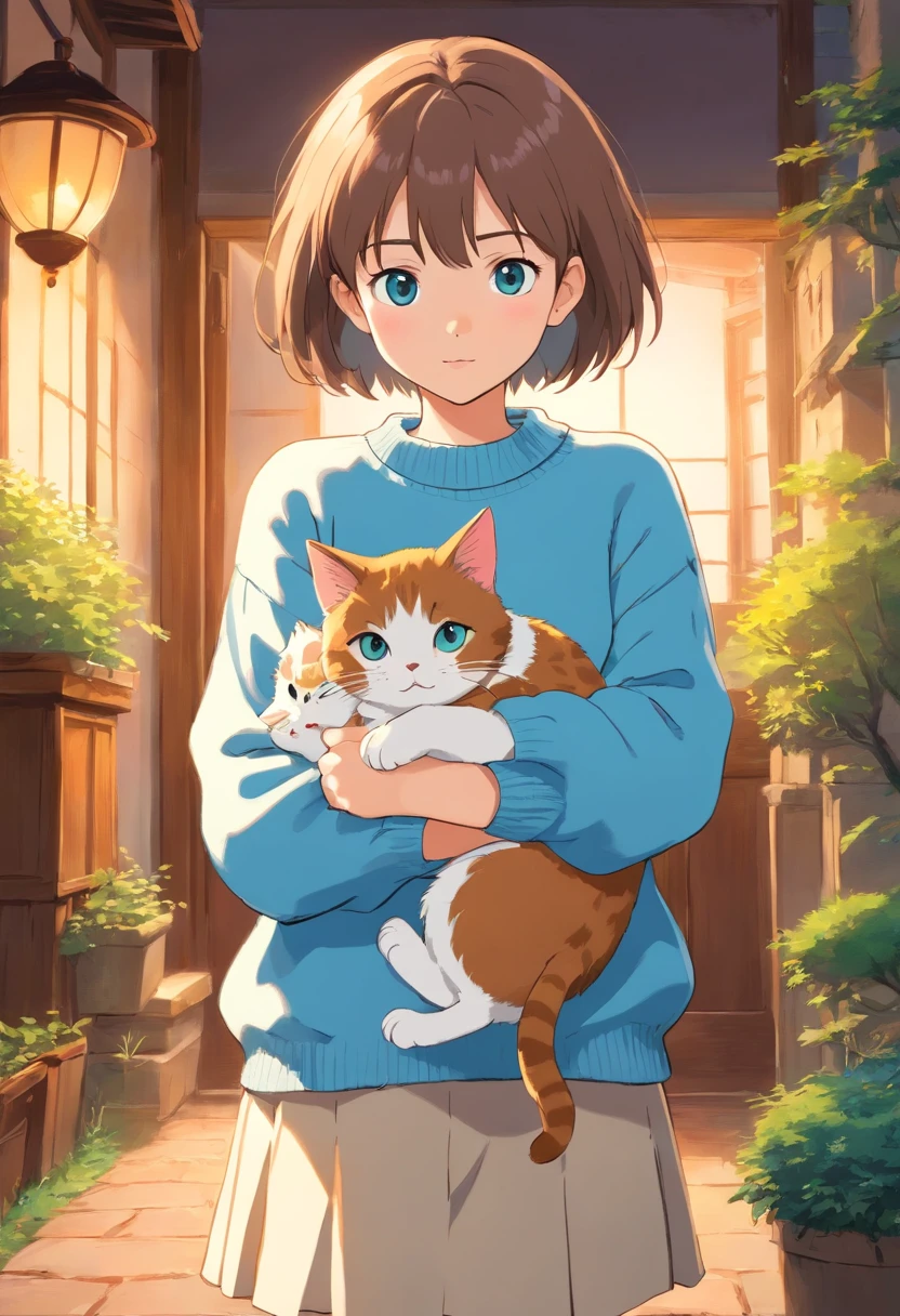 Short-haired girl wearing light blue sweater holding cat sideways