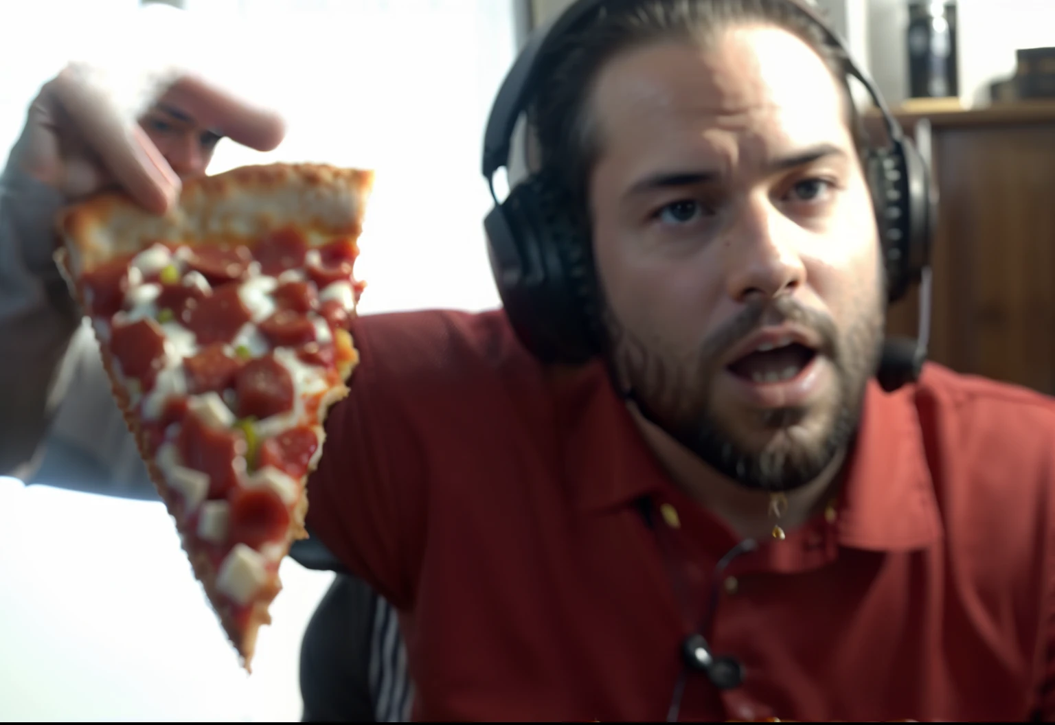 arafed man with headphones holding a slice of pizza, eating pizza, holding up a pizza, munching pizza, eating a pizza, vinny from vinesauce, presenting pizza, holding a large pizza!!!, neckbeard, holding pizza, presenting a large pizza, pizza!, vinny vinesauce, asmongold, eating camera pov, pizza, sharing a pizza