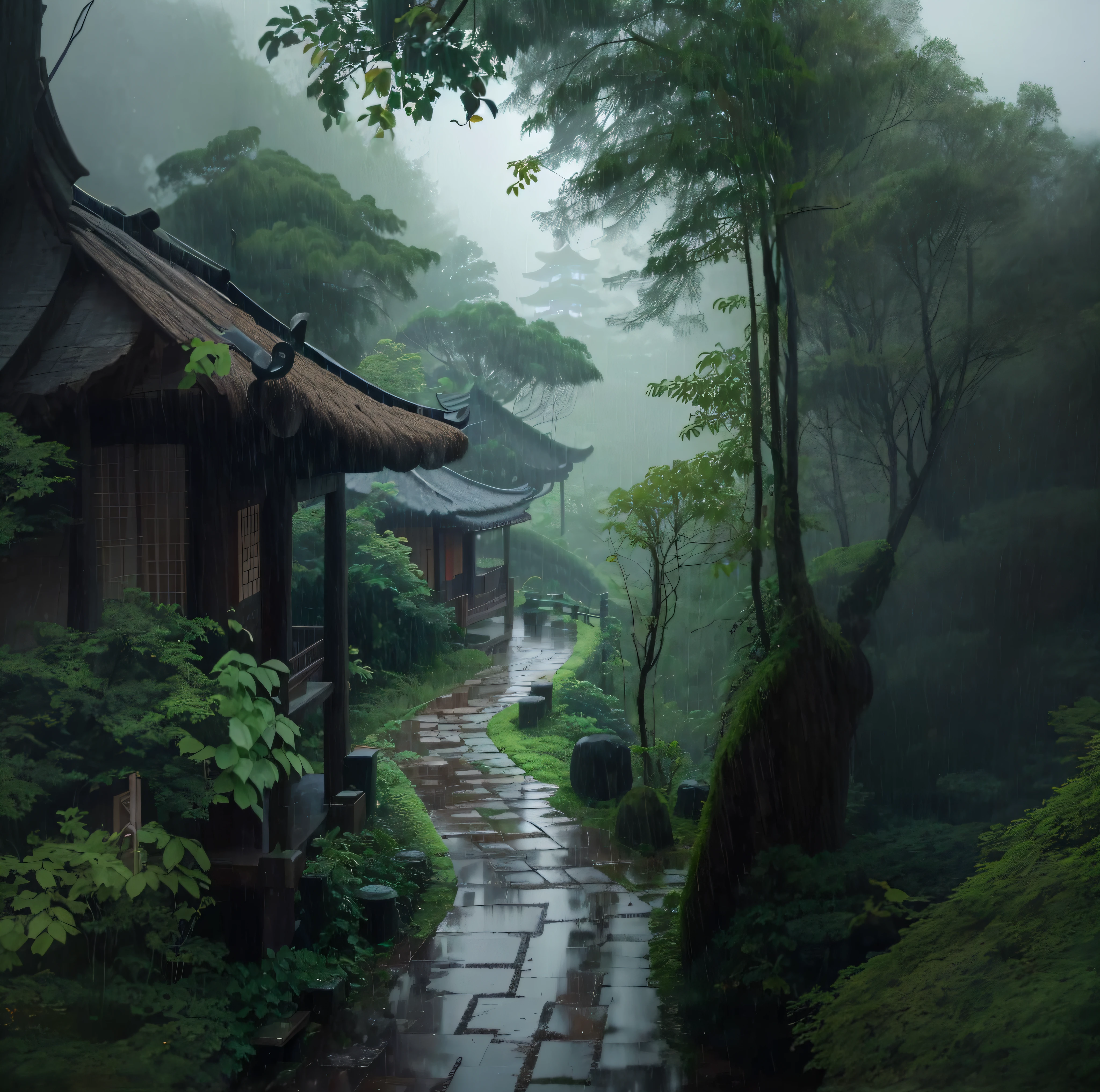 There is a path that is surrounded by trees and grass, pintura digital muito detalhada, Directed by: Han Gan, ambiente chuvoso, por Ma Yuanyu, atmosfera chuvosa e sombria, Directed by: Wu Zhen, por Shi Rui, por Yang J, cena chuvosa, Directed by: Yang Borun, pintura digital altamente detalhada, por Ji Sheng, Directed by: Li Zai, atmosfera tranquila e serena