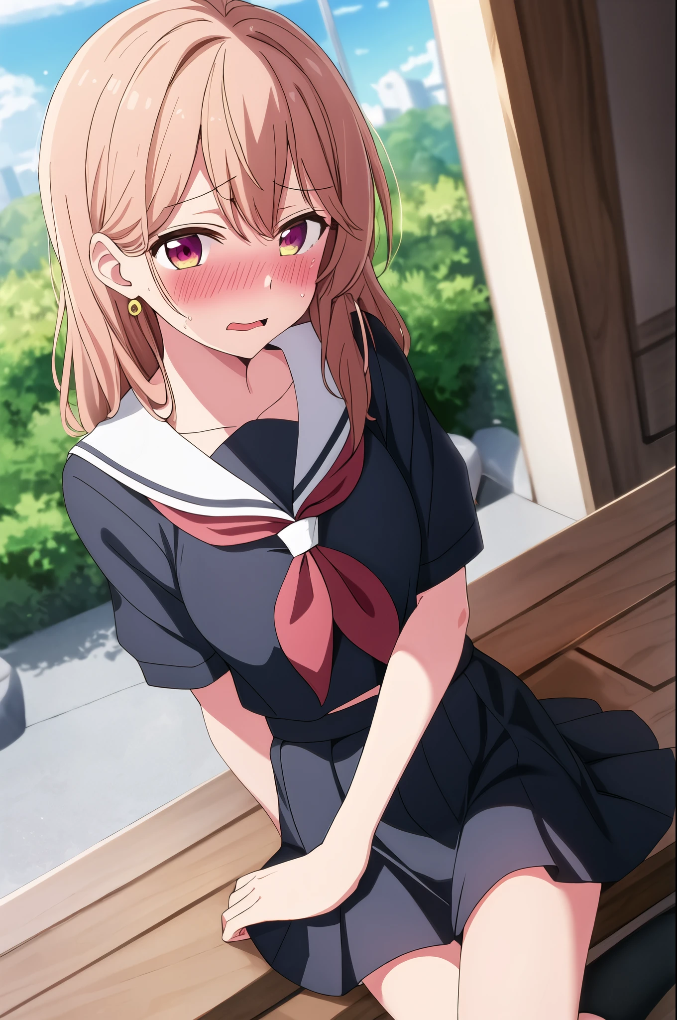 (new, newest, best quality), 1girl, solo, blush, embarrassed, looking_at_viewer, black_serafuku, from_above, lying