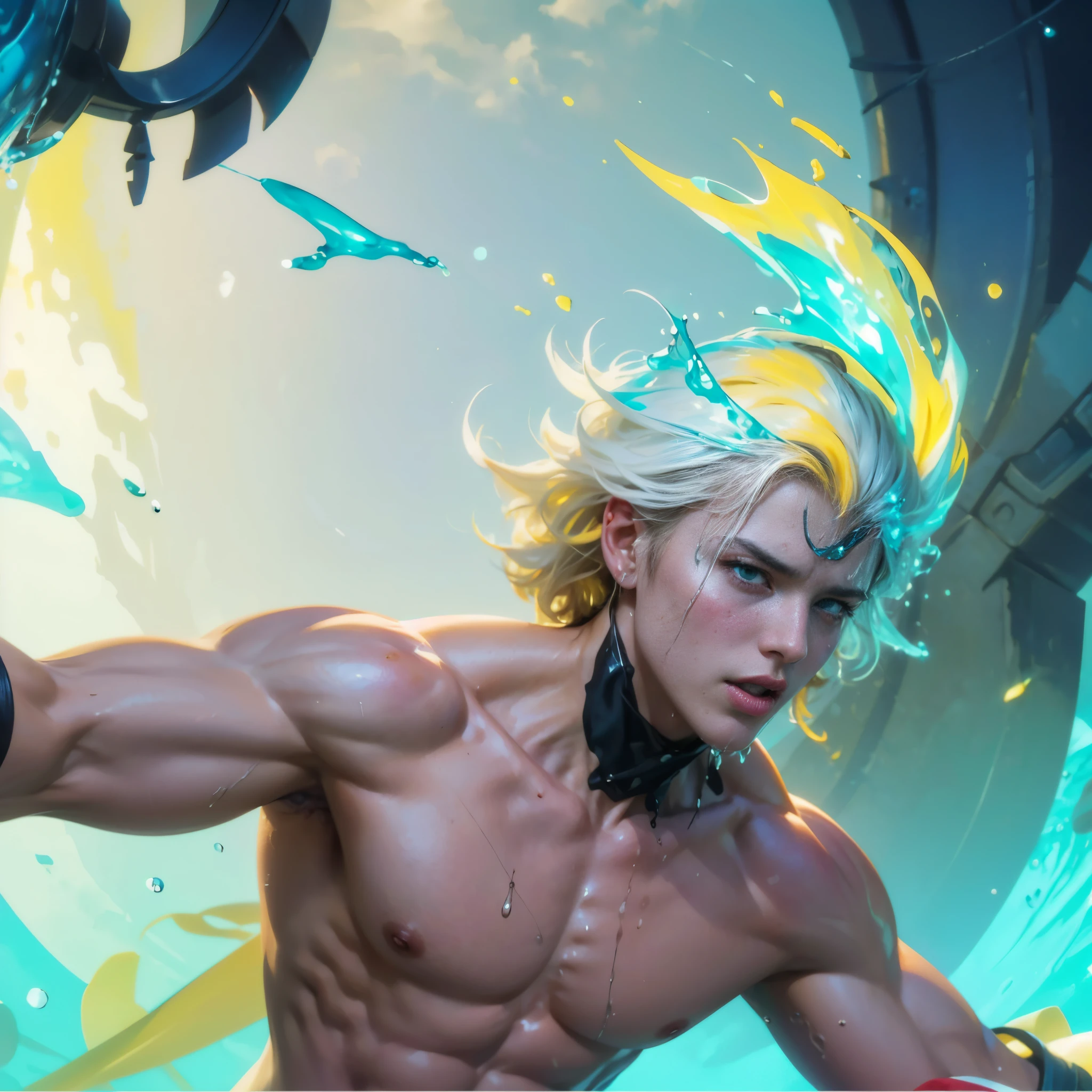 (max resolution: 1.2), (Ultra HDTV: 1.2), 8K resolution, Eye and skin details, face details, , (Sharp focus: 1, 2), (Precise focus ) facial expressions: 1,2), 1 boy, Various poses, Red face,I have green eyes, (shy), 20-25 years old, (Short Hair yellow hair), (Naked), Shirtless, Perfect muscles, 8 packs , (light sweat, white fluid, splashing all over the body), (Black briefs ), Blue sky, Trees, Implants, ((Little drops of water on 8-pack abs)), (((water, water ))), splashed all over my face, splashed all over my abs, splashed all over my body, my face turned red with embarrassment. ((There is a faint word SelenaAI in the corner of the photo)),Blue sky, white clouds, light sunshine, beach background, (with hair), showing off hair, Wearing underwear, straight (detail), ((super detail photo )))), leaking, Object standing straight and erect, white fluid splashing all over the body, body drenched in white