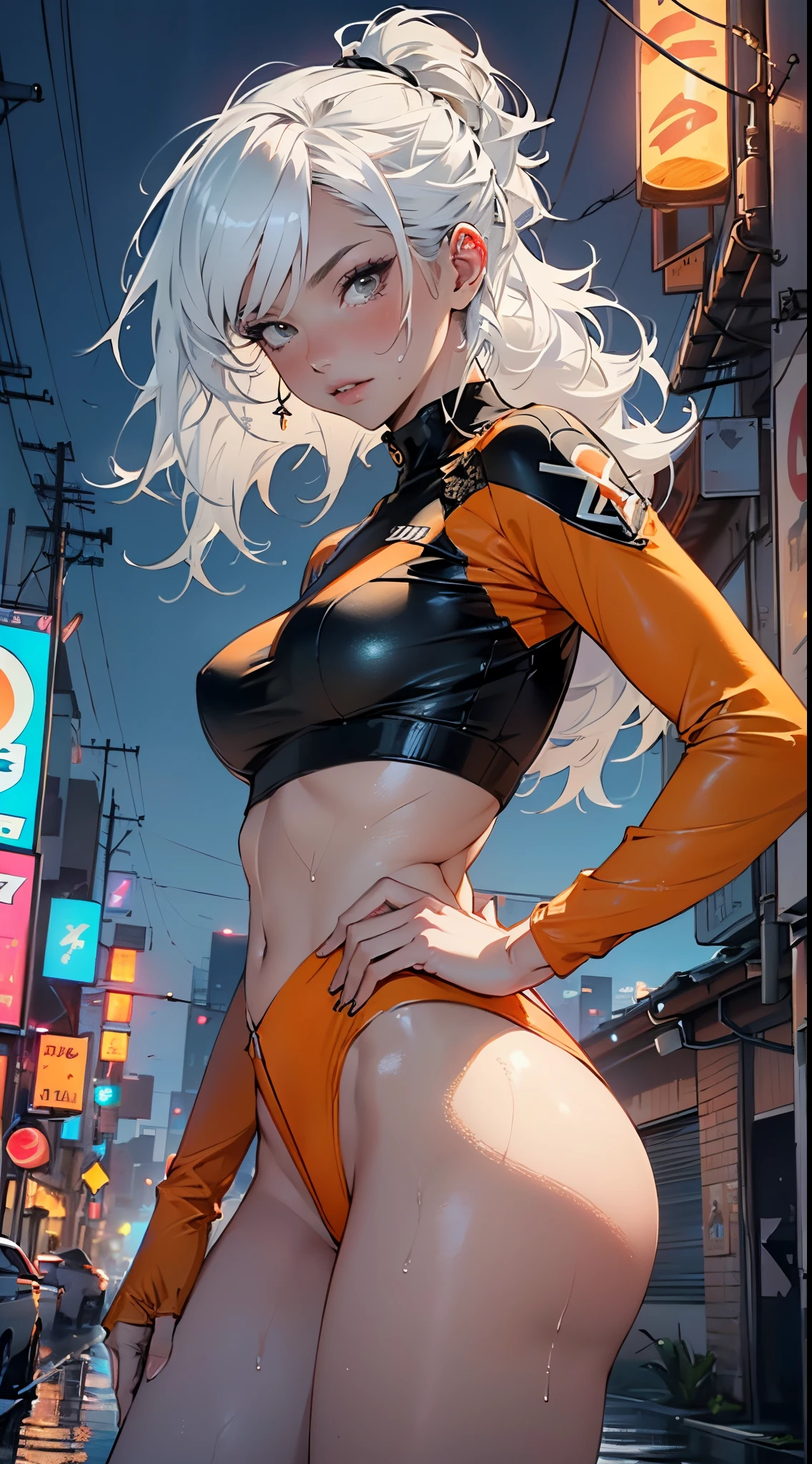 girl sporty,((attractive girl)),

(large breasts:1.4),saggy breasts,(((white hair:1.4,white ponytail hairstyle:1.5,very long hair:1.5))),((heterochromia:1.5, (orange_eye and pink_eye))),intricate eyes,beautiful detailed eyes,symmetrical eyes,((fat))(((lustrous skin:1.5,bright skin: 1.5,skin tanned,shiny skin,very shiny skin,shiny body,plastic glitter skin,exaggerated shiny skin,illuminated skin, wet legs))),(spider lower abdomen,narrow waist,wide hip,athletic body,inflated legs,detailed body,(detailed face)),

cute,slutty,seductive,erotic,(((nsfw))),

revealing clothing,show skin,with micro clothes,almost totally naked,with little clothing,(tiny thong),generous neckline,((tight sports bra, tight sports thong,((orange and black clothes)))),(((underboob))),((wet clothes,intricate outfit,intricate clothes)),

(dynamic pose:1.0),embarrassed,(centered,scale to fit dimensions,Rule of thirds),

cyberpunk city by the ocean at night, with bright neon signs and dark stormy clouds and puddles, scenery:1.25,nighttime, starry night, cosmos,Very dark night that makes the neon lights stand out, very bright neon lights,

artistic photography,(photography taken by sldr),highres, sharp focus,(ultra detailed, extremely detailed), (photorealistic artwork:1.37),(extremely detailed CG unity 8k wallpaper),((synthwave background theme)),(((vibrant colors))),intricate,(intricate background),(masterpiece),(best quality),perfect rendered face,perfect face details,realistic face,photo realistic,analog style,((intricate detail)),(((realism))),