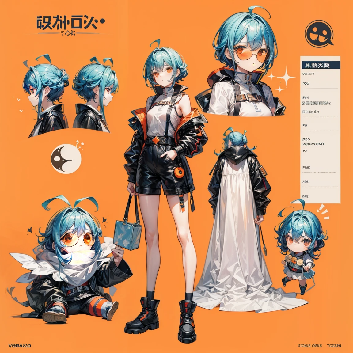 Character Sheets, Three types,Shot Full Body,Game Character Design,than a little flying moon,Girl in sunglasses and beans,Victorizo ∨TSE∨,Orange background,Stylistic expression