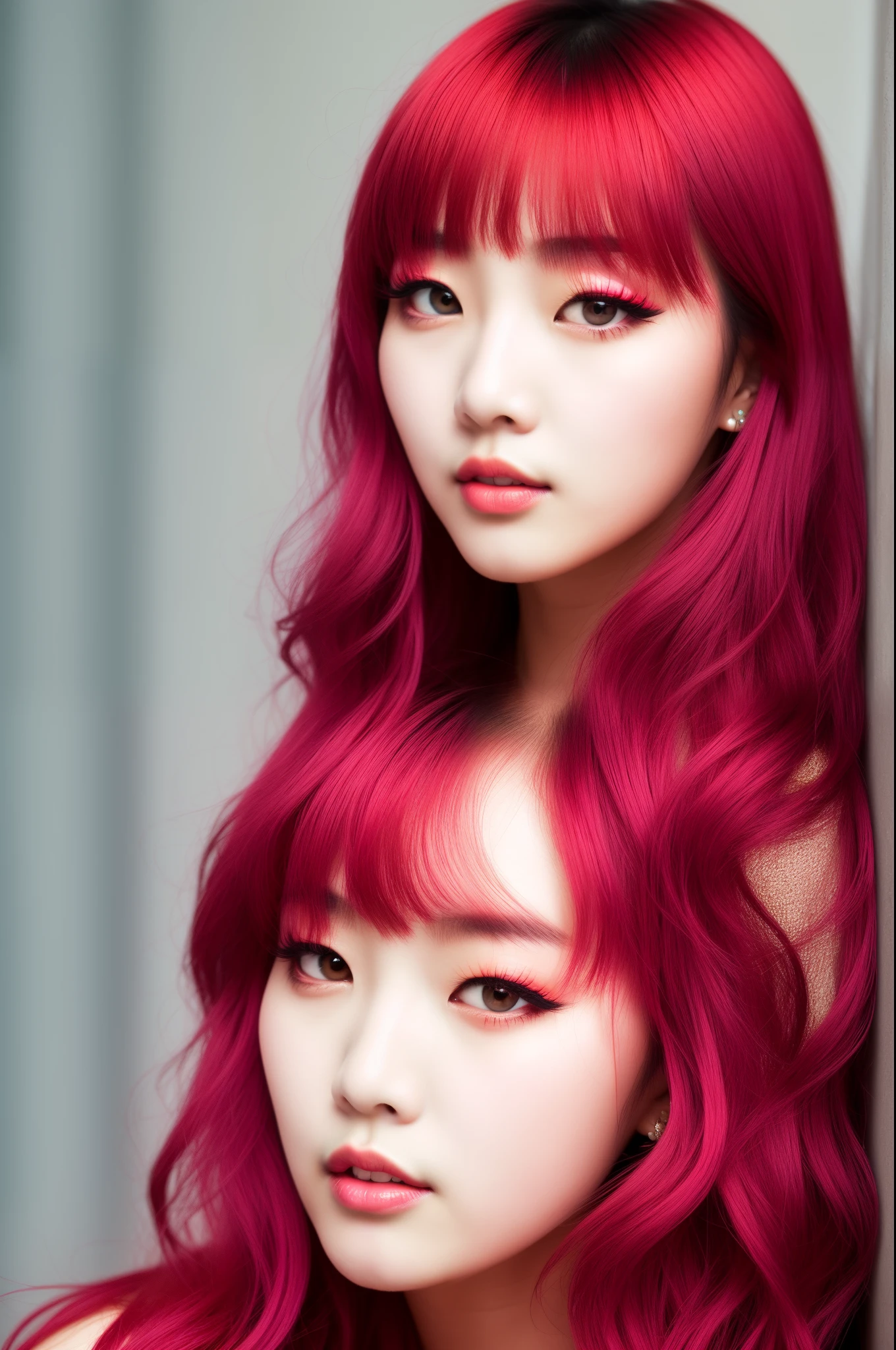 korean goddess with pinkish red hair and pink eyes