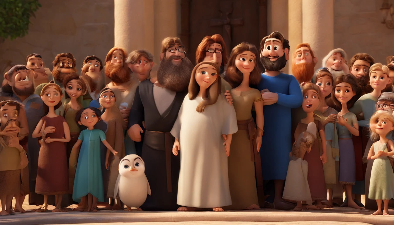 Pixar, talking with 12 apostle of Jesus Christ bible times, all dress up like bible times, fundo branco, barnet, Tom, Estilo Pixar, ..3d, desenhos animados, rosto detalhado, asymmetrical 16k, high quaity, clean, smooth face, no deformed body parts.