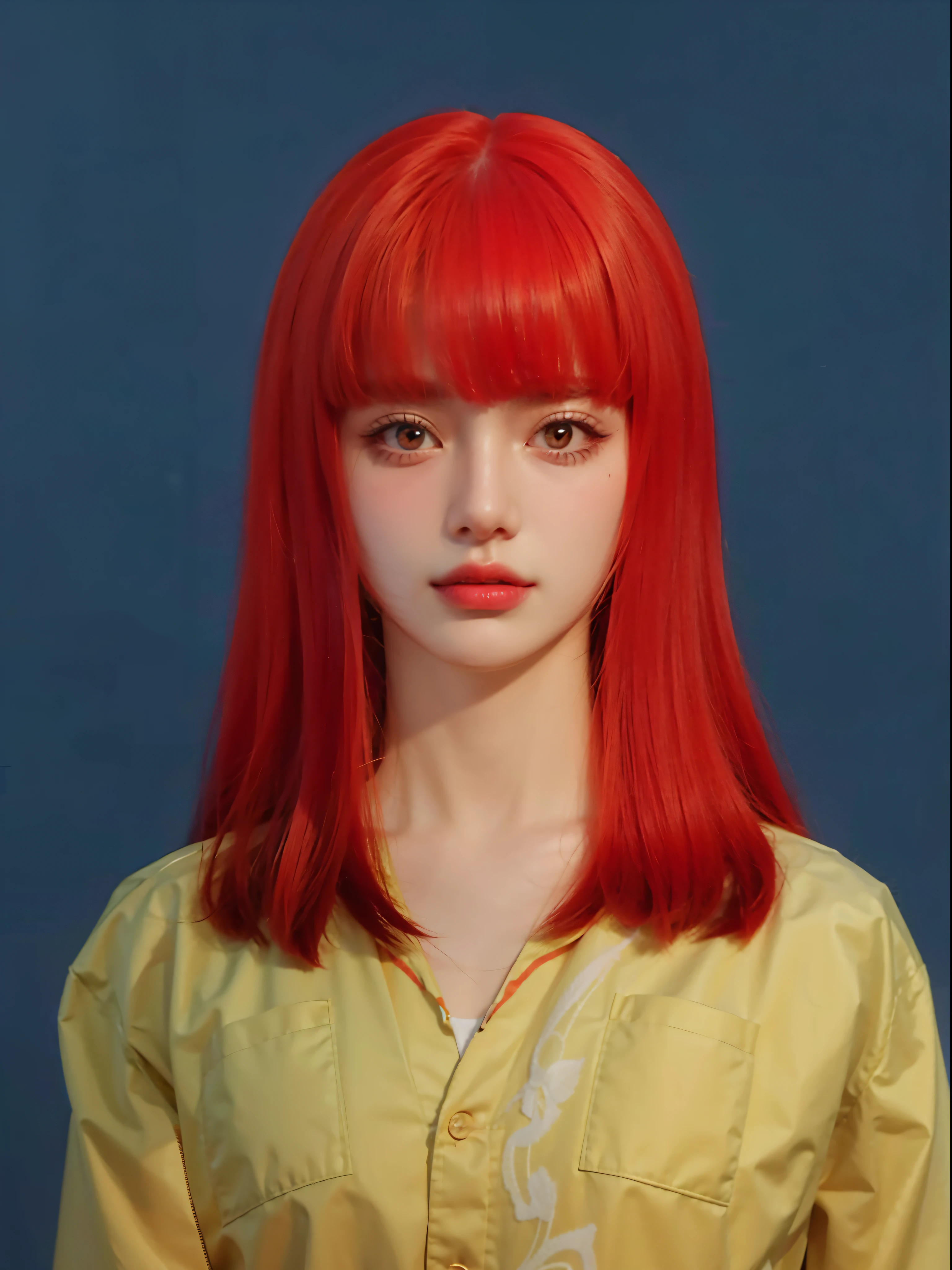 A close up of a woman with red hair and a yellow shirt - SeaArt AI