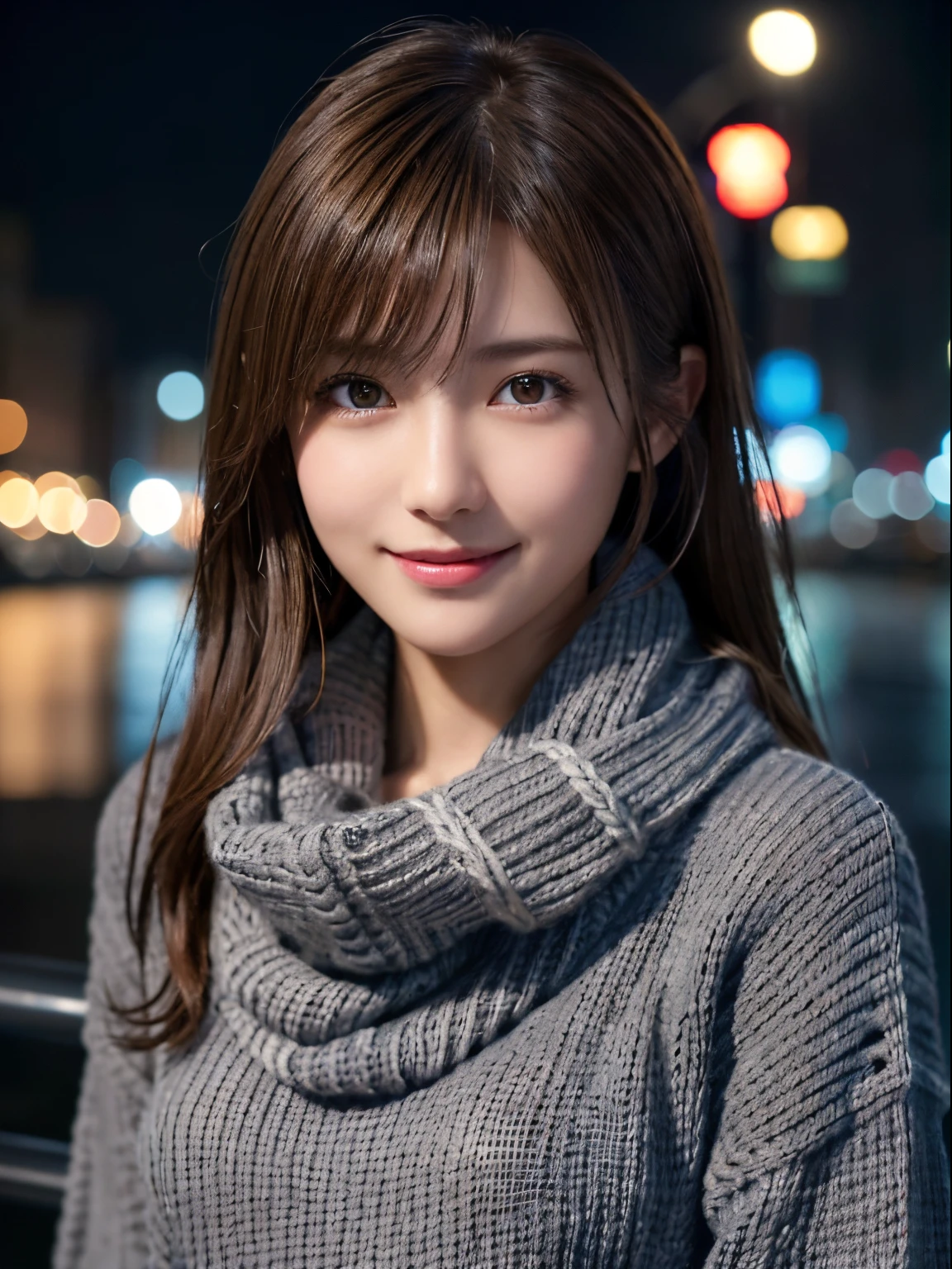 1 japanese girl,(Dark grey sweater:1.4),(she wears a knitted scarf around her neck.:1.2), (Raw photo, Best Quality), (Realistic, Photorealsitic:1.4), masutepiece, extremely delicate and beautiful, Extremely detailed, 8k wallpaper, amazing, finely detail, extremely detailed CG Unity, hight resolution, Soft light, Beautiful detailed 19 year old girl, extremely detailed eye and face, beautiful detailed nose, Beautiful detailed eyes,Cinematic lighting,city light at night,Perfect Anatomy,Slender body,Smiling  (hair messy, asymmetrical bangs, light brown hair,)