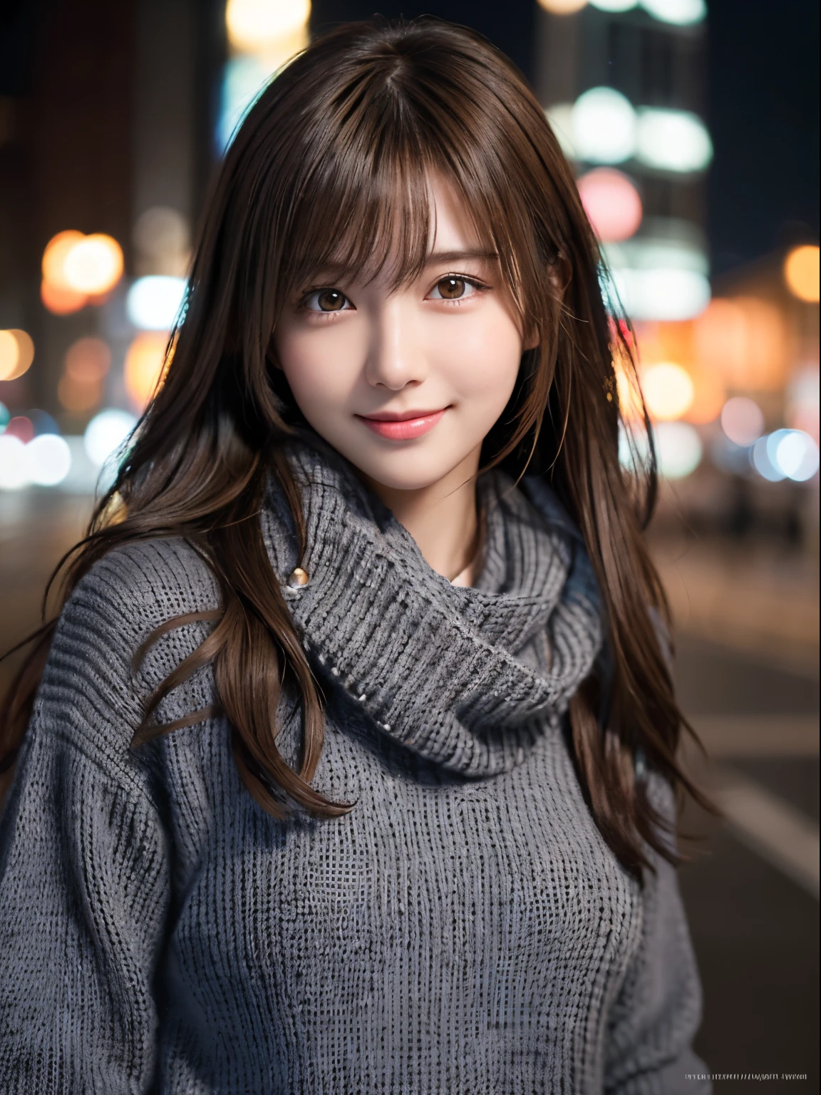 1 japanese girl,(Dark grey sweater:1.4),(she wears a knitted scarf around her neck.:1.2), (Raw photo, Best Quality), (Realistic, Photorealsitic:1.4), masutepiece, extremely delicate and beautiful, Extremely detailed, 8k wallpaper, amazing, finely detail, extremely detailed CG Unity, hight resolution, Soft light, Beautiful detailed 19 year old girl, extremely detailed eye and face, beautiful detailed nose, Beautiful detailed eyes,Cinematic lighting,city light at night,Perfect Anatomy,Slender body,Smiling  (hair messy, asymmetrical bangs, light brown hair,)