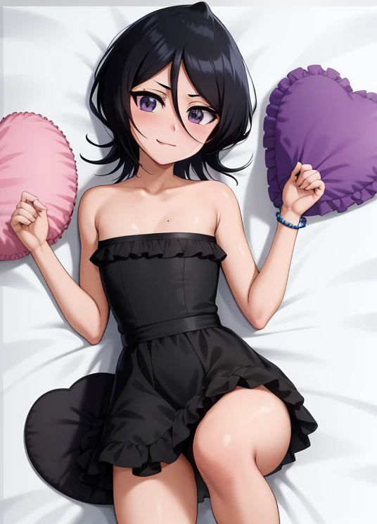 anime screencap, 1 girl, solo, smile, short hair, black hair, purple eyes, hair between eyes, bare shoulders, bare neck, standing, black dress, strapless tube dress, smile, bare arms, bare shoulders, hair between eyes, lovely legs, facing viewer, bracelets, looking at viewer, lying in bed, bed sheet, frilled pillow, frills, heart pillow, pinup,