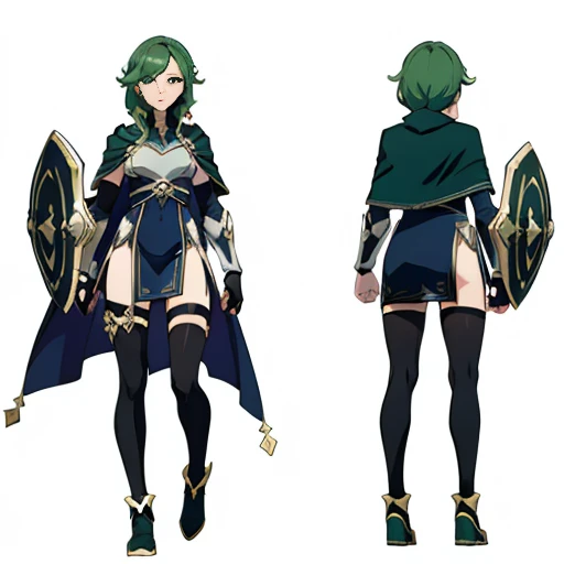 (((Best Quality))) , ((full body)), female, multiple views, (white background), holding weapon, cape, gauntlets, holding shield, green hair,