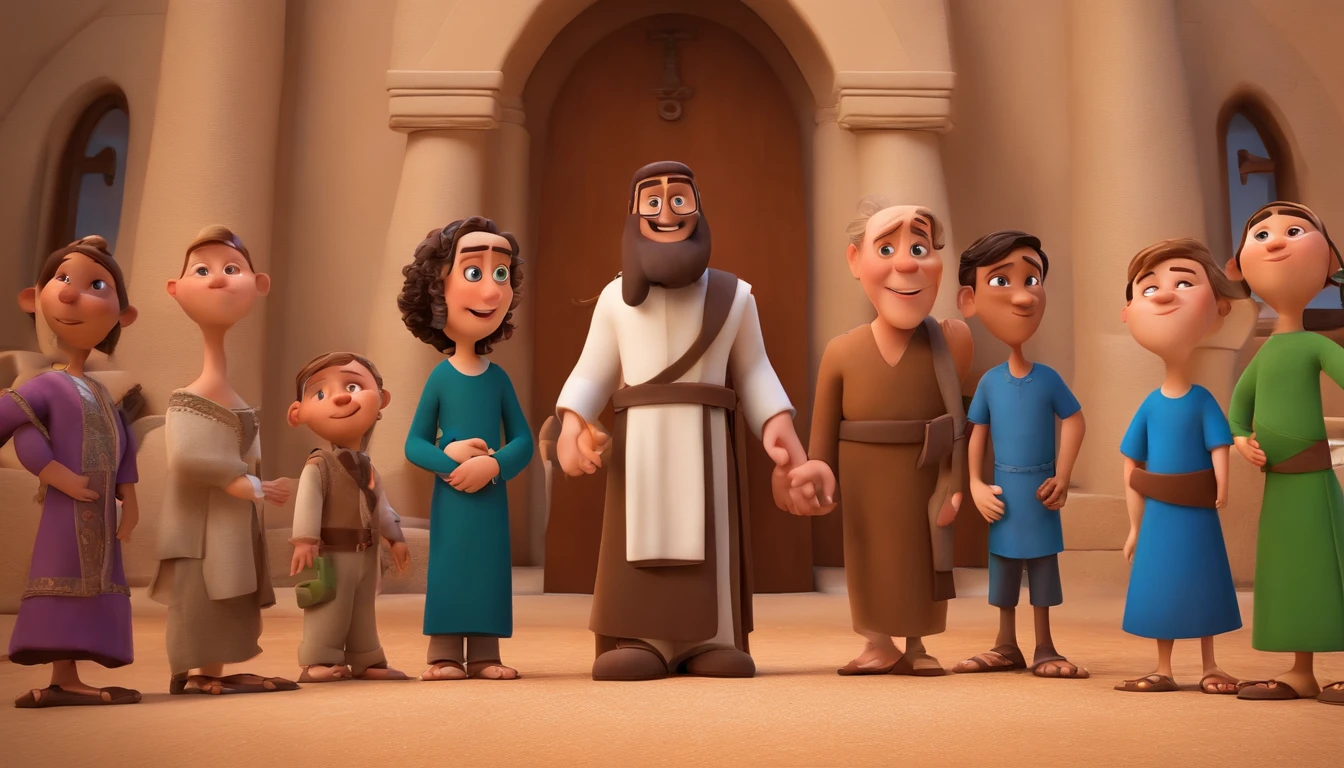 Pixar, talking with apostle of Jesus Christ bible times, all dress up like bible times, fundo branco, barnet, Tom, Estilo Pixar, ..3d, desenhos animados, rosto detalhado, asymmetrical 16k, high quaity, clean, smooth face, no deformed body parts.