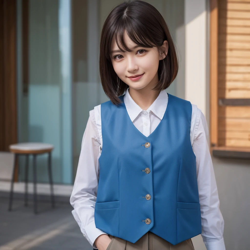 (((Medium hair))), Top Quality, 8K, HDR, Hi-Res, Absurdity: 1.2, Photography, (RAW Photos: 1.2), (Photorealistic: 1.4), (Masterpiece: 1.3), (Complex Details: 1.2), 1 Girl, Solo, Japan girls, Delicate and beautiful details, (Detailed eyes), (Detailed facial features), Petite, (Small breasts))), Toned Skin, ( looking_at_viewer), from_front, (Skinny), (Best Quality: 1.4), (Ultra High Definition: 1.2), Cinemalite, (Extreme Detail Illustration), (Lip Gloss, Best Quality, Ultra High Resolution, Depth of Field, Caustics, Broad Lighting, Natural Shading, 85mm, f / 1.4, ISO 200, 1/160 sec: 0.75), 1 girl, solo, ((blue vest))) smile, uniform, necklace, fashionable café: 1.3, black neat and clean clothes, Nogizaka idol, gravure idol, beauty