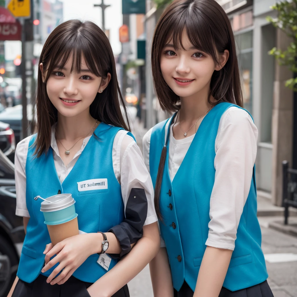 (((Medium hair))), Top Quality, 8K, HDR, Hi-Res, Absurdity: 1.2, Photography, (RAW Photos: 1.2), (Photorealistic: 1.4), (Masterpiece: 1.3), (Complex Details: 1.2), 1 Girl, Solo, Japan girls, Delicate and beautiful details, (Detailed eyes), (Detailed facial features), Petite, (Small breasts))), Toned Skin, ( looking_at_viewer), from_front, (Skinny), (Best Quality: 1.4), (Ultra High Definition: 1.2), Cinemalite, (Extreme Detail Illustration), (Lip Gloss, Best Quality, Ultra High Resolution, Depth of Field, Caustics, Broad Lighting, Natural Shading, 85mm, f / 1.4, ISO 200, 1/160 sec: 0.75), 1 girl, solo, ((blue vest))) smile, uniform, necklace, fashionable café: 1.3, black neat and clean clothes, Nogizaka idol, gravure idol, beauty
