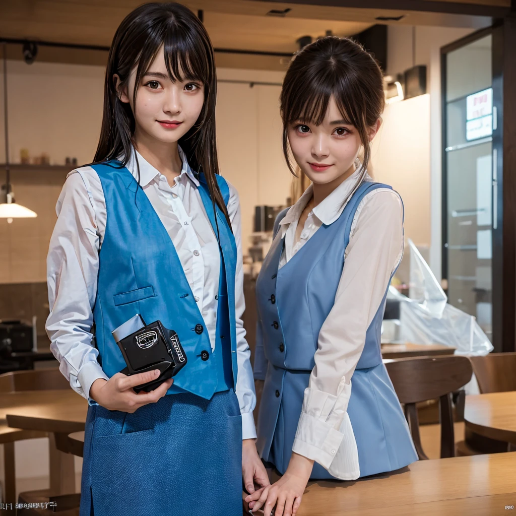 (((Medium hair))), Top Quality, 8K, HDR, Hi-Res, Absurdity: 1.2, Photography, (RAW Photos: 1.2), (Photorealistic: 1.4), (Masterpiece: 1.3), (Complex Details: 1.2), 1 Girl, Solo, Japan girls, Delicate and beautiful details, (Detailed eyes), (Detailed facial features), Petite, (Small breasts))), Toned Skin, ( looking_at_viewer), from_front, (Skinny), (Best Quality: 1.4), (Ultra High Definition: 1.2), Cinemalite, (Extreme Detail Illustration), (Lip Gloss, Best Quality, Ultra High Resolution, Depth of Field, Caustics, Broad Lighting, Natural Shading, 85mm, f / 1.4, ISO 200, 1/160 sec: 0.75), 1 girl, solo, ((blue vest))) smile, uniform, necklace, fashionable café: 1.3, black neat and clean clothes, Nogizaka idol, gravure idol, beauty