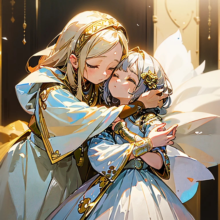 top-quality　A woman wearing a white dress and gold ornaments is crying、hugging a 10 year old girl wearing gray clothes.　Retro