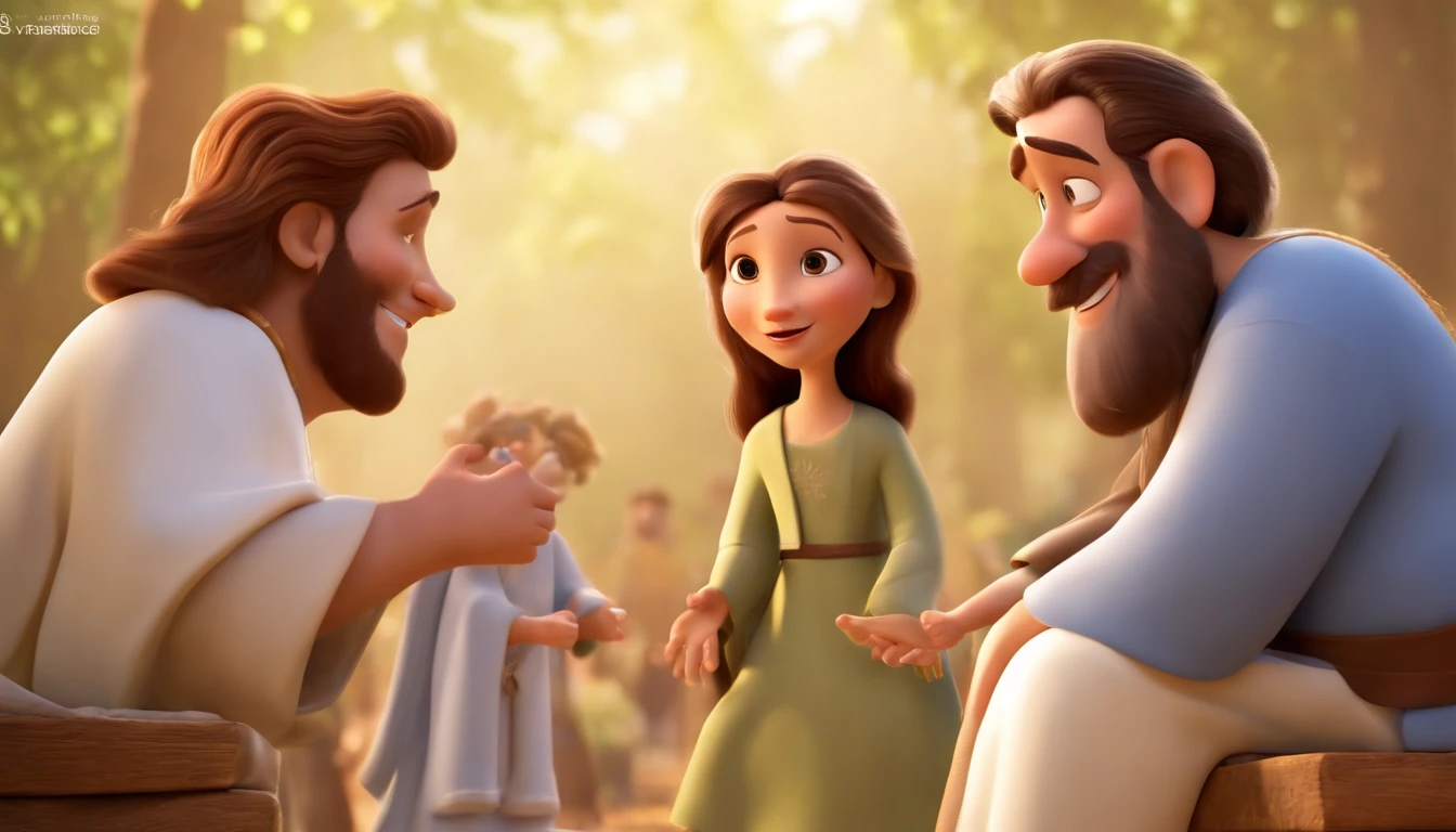 Pixar, talking with apostle of Jesus Christ bible times, all dress up like bible times, fundo branco, barnet, Tom, Estilo Pixar, ..3d, desenhos animados, rosto detalhado, asymmetrical 16k, high quaity, clean, smooth face, no deformed body parts.