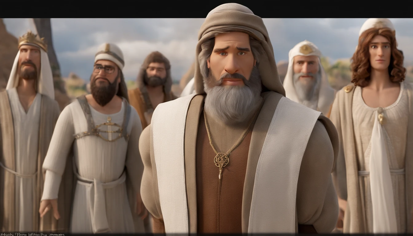 Pixar, talking with apostle of Jesus Christ bible times, all dress up like bible times, fundo branco, barnet, Tom, Estilo Pixar, ..3d, desenhos animados, rosto detalhado, asymmetrical 16k, high quaity, clean, smooth face, no deformed body parts.