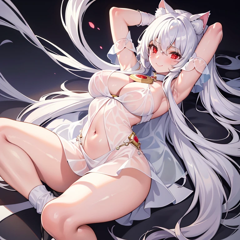 (Masterpiece), (Best quality), full bodyesbian,Simple background, 1girll,Shiny hair,White hair, White cloak, ((See-through)),navel,Light smile,((black sock)),Naked female big breast,navel,cat ear, Long hair, Red eyes,(Gushki thighs:1.2), Beds