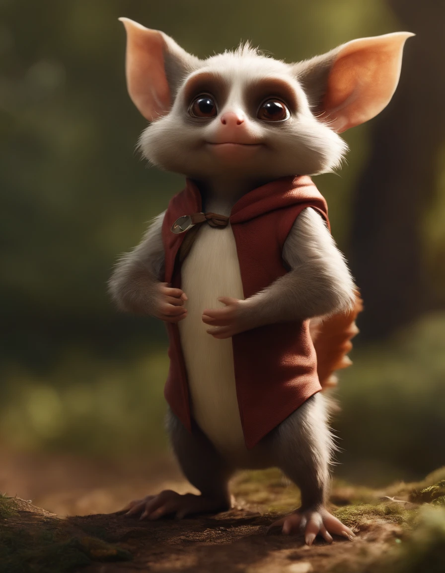 (CBZBB:1.25),gremlin, gremlin, looks like a mole, ((Ez idna)), in a clearing under an oak tree, holding a large acorn in his paws, CBZBB,Cute, Small, baby, Beautiful, Fantasy art, deviant art, trending artstation, Digital Art, Detailed, Realistic, humanoid, character, tiny, Cinematic shot, cinematic portrait of a gremlin,, cute character, looks like a mole,gremlin, Like a squirrel,真实感, realism, Huge eyes, large ears, horns near the ears, big nut in paws, white and red fur, Big fluffy tail, brown vest with hood, The clothes, standing in the woods, Best Quality, Masterpiece, in style of dark fantasy art