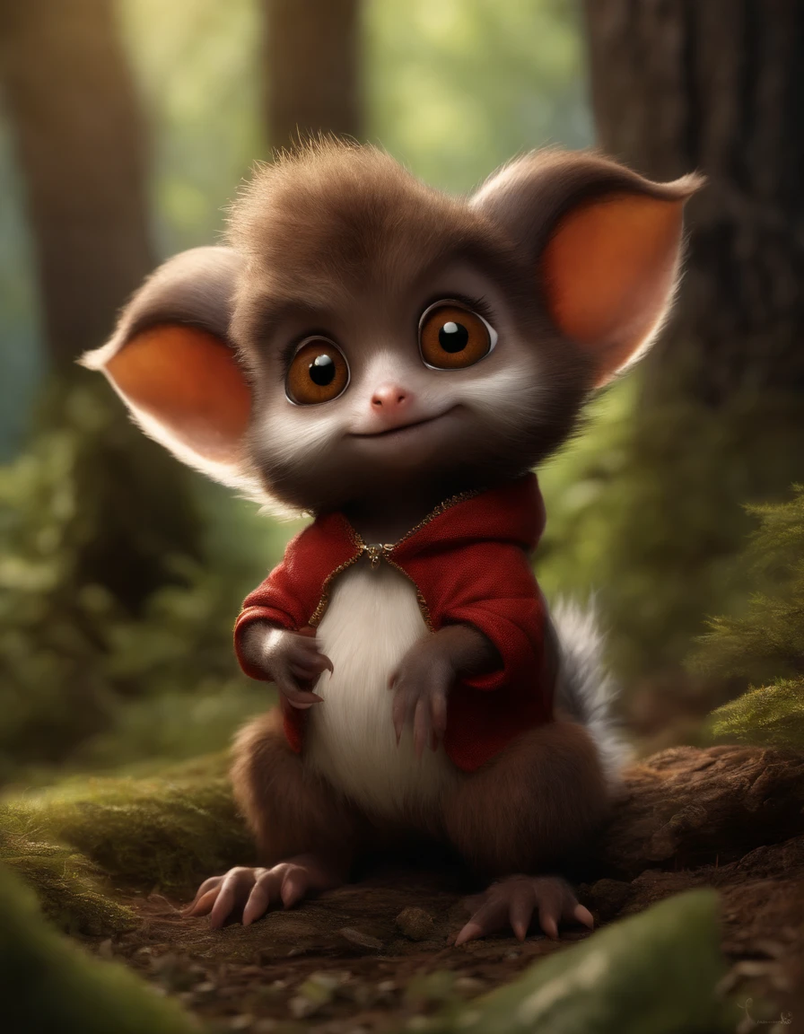 (CBZBB:1.25),gremlin, gremlin, looks like a mole, ((Ez idna)), in a clearing under an oak tree, holding a large acorn in his paws, CBZBB,Cute, Small, baby, Beautiful, Fantasy art, deviant art, trending artstation, Digital Art, Detailed, Realistic, humanoid, character, tiny, Cinematic shot, cinematic portrait of a gremlin,, cute character, looks like a mole,gremlin, Like a squirrel,真实感, realism, Huge eyes, large ears, horns near the ears, big nut in paws, white and red fur, Big fluffy tail, brown vest with hood, The clothes, standing in the woods, Best Quality, Masterpiece, in style of dark fantasy art