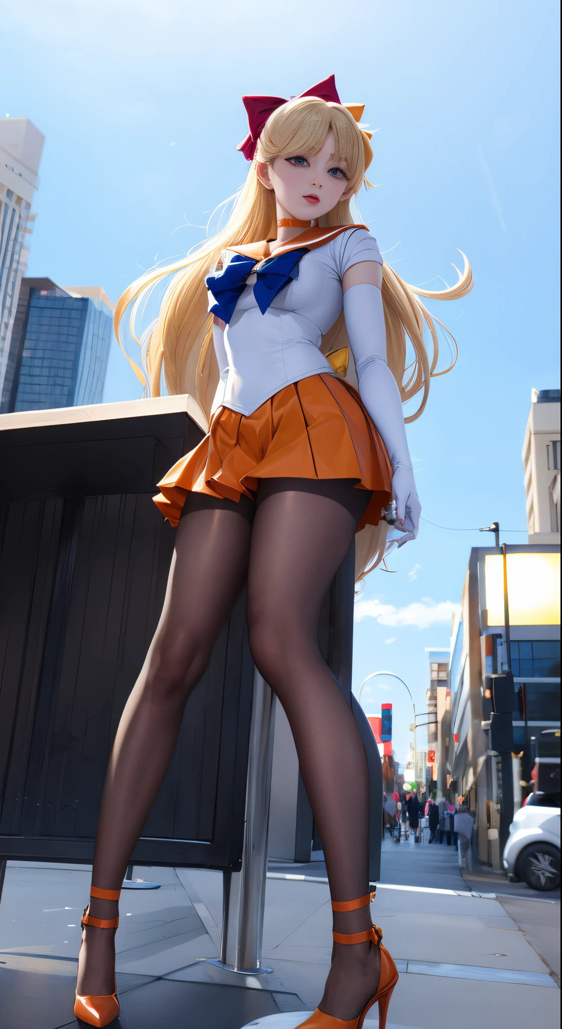 sailorvenus、Best Quality, High resolution, venus1, 1 girl, Solo, Warrior Sailor Suit, sailorvenus, aino minako, Blonde hair, magical ***********, Blue eyes, Orange Ultra Mini Skirt, Elbow length gloves, tiarra, Pleated skirt , Hair Bow, Orange Sailor Necklace, Ultra mini skirt, Choker, Red bow, orangechoker, White Gloves, Very long hair,There is a woman wearing a skirt and sailor suit...her white panties are clearly visible.Beautie、, Front light source、assist々Kiki, Ayaka Cosplay, sakimichan hdri, azur lane style, publicity cosplay, cosplay foto, , Anime girl cosplay, Rendering of a girl with a very realistic face, hyper real render