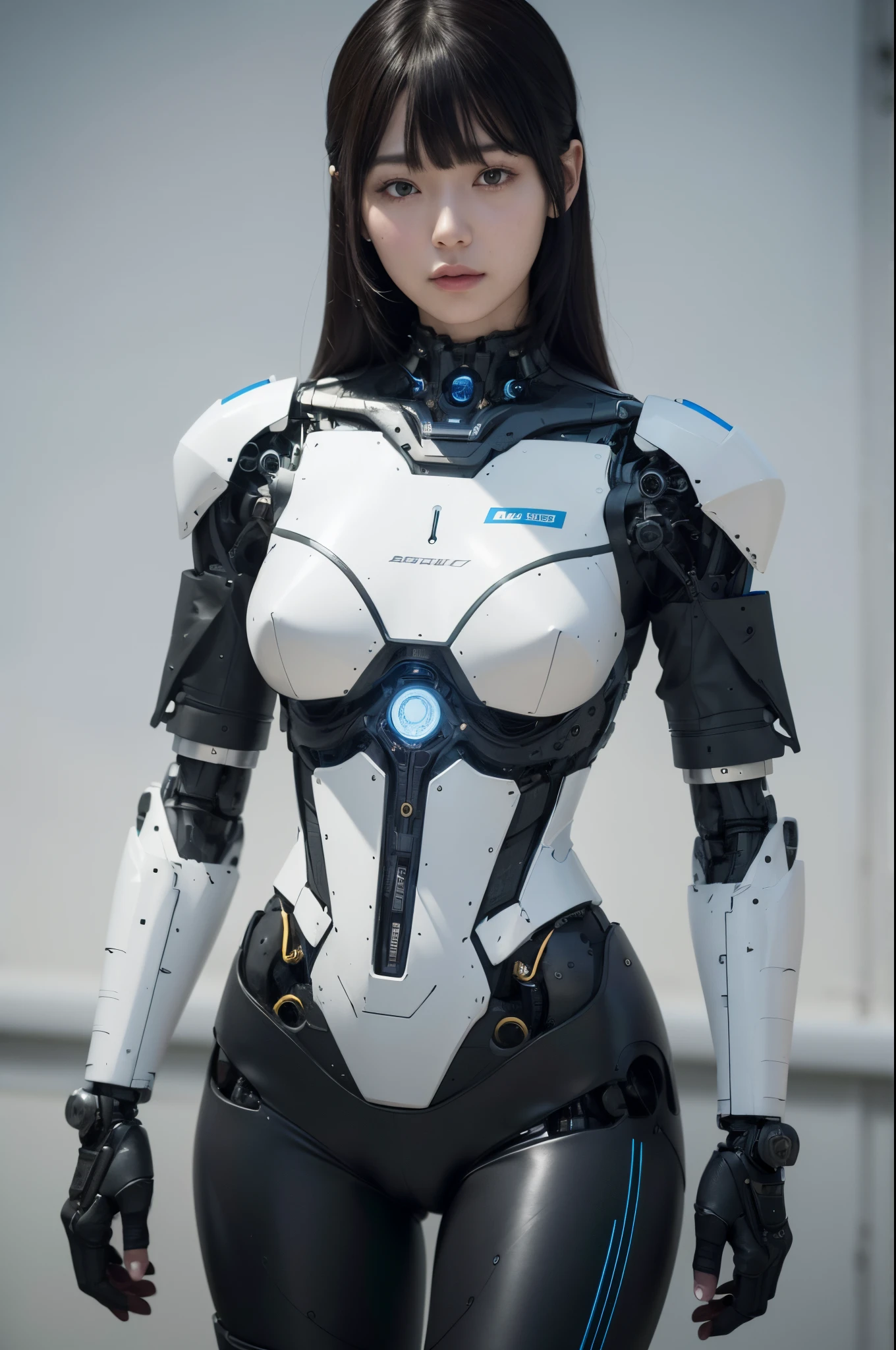 masterpiece, best quality, extremely detailed, (photorealistic:1.4), (RAW photo) (RAW photo) (8K, 4K, Best Quality, hight resolution, 超A high resolution:1.1), (masutepiece, Realistic, Photorealsitic:1.1), 1girl in, Japaese Cyborg girl,Plump , control panels,android,Droid,Mechanical Hand, Robot arms and legs, Black Robot Parts,Black hair,Mechanical body,Blunt bangs,White robotics parts,perfect robot girl,long tube,thick cable connected her neck,ceramic body ,mechanical body, head antenna,short lod antenna on the head,mechanical ear cover, mechanical costume,android,robot,humanoid,cyborg,japanese android woman ,black leggings,mechanical chest,full eyes,future laboratory,connecting a cable between the legs,