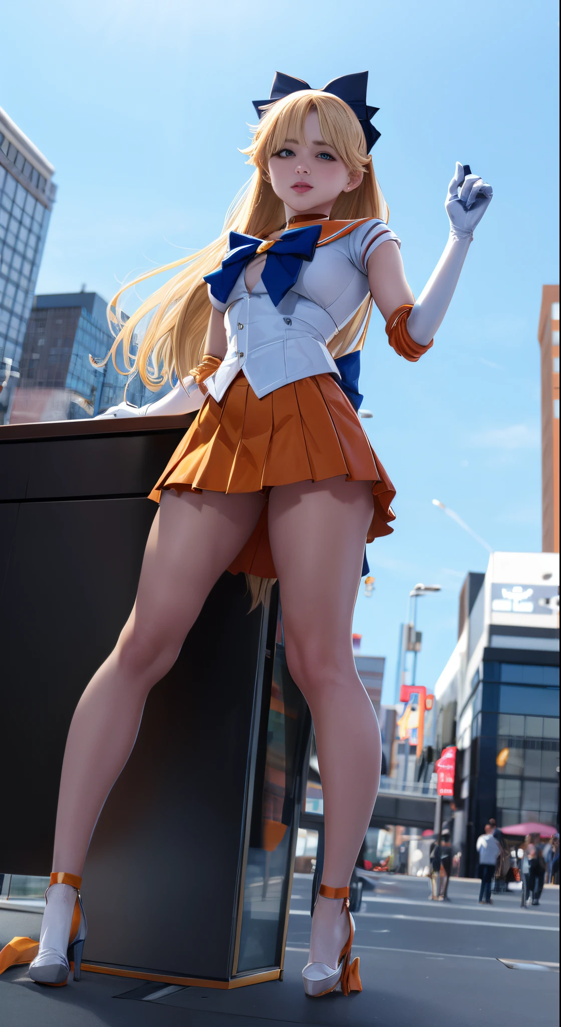 sailorvenus、Best Quality, High resolution, venus1, 1 girl, Solo, Warrior Sailor Suit, sailorvenus, aino minako, Blonde hair, magical ***********, Blue eyes, Orange Ultra Mini Skirt, Elbow length gloves, tiarra, Pleated skirt , Hair Bow, Orange Sailor Necklace, Ultra mini skirt, Choker, Red bow, orangechoker, White Gloves, Very long hair,There is a woman wearing a skirt and sailor suit...her white panties are clearly visible.Beautie、, Front light source、assist々Kiki, Ayaka Cosplay, sakimichan hdri, azur lane style, publicity cosplay, cosplay foto, , Anime girl cosplay, Rendering of a girl with a very realistic face, hyper real render