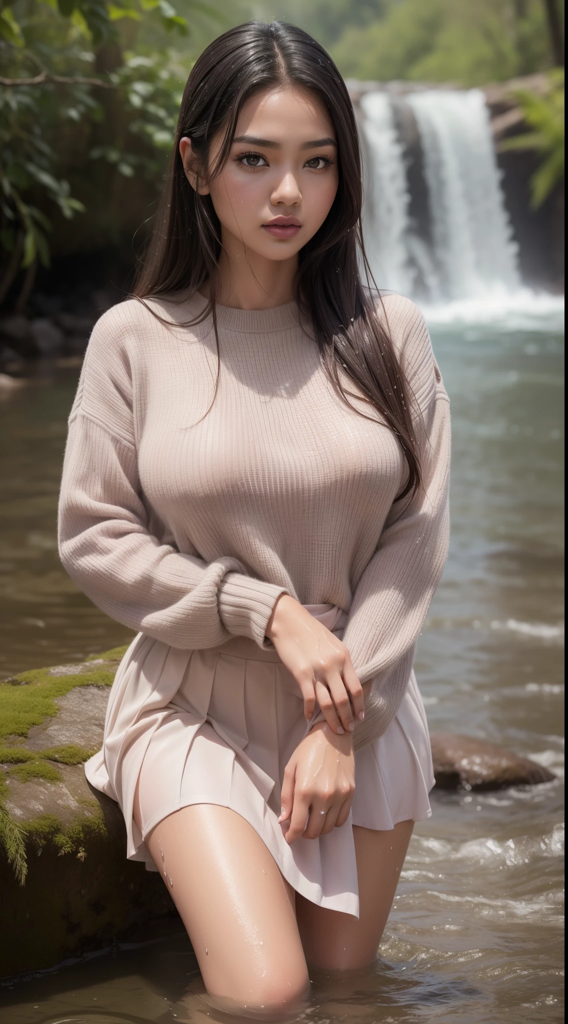 RAW, Best quality, high resolution, masterpiece: 1.3), beautiful Malay woman(iu:0.8)1beautiful Malay woman ,beautiful face, watery eyes, perfect lips, big eyes, big breast, thick thighs, Malay woman wearing a gray pleated pink sweater and skirt, feminine in cute pastel colors, pleated skirt, feminine in pastel colors, wearing a long fluent skirt, layered clothes, wearing long flowing fabrics, pastel style, pastel clothes, in pastel colors, muted pink and grey, muted and pastel colors, in pastel colors,standing in the water, long sleeves, close-up fantasy with water magic, beautiful girl, big breast, long brown hair, wet hair, wearing a dress made of water, realistic oil painting, soaking wet, in the water high knee length covered, beautiful realistic painting, nymph in the water, hyperrealistic portrait in the river, hyperrealistic fantasy art, splashes, realistic fantasy painting, cute shot, narrow depth of field, 8k, nsfw, soaking wet, ((soaked)), dripping water, dripping water, heavy clothes, soaked in water, soaked, lipstick rouge, soaked,