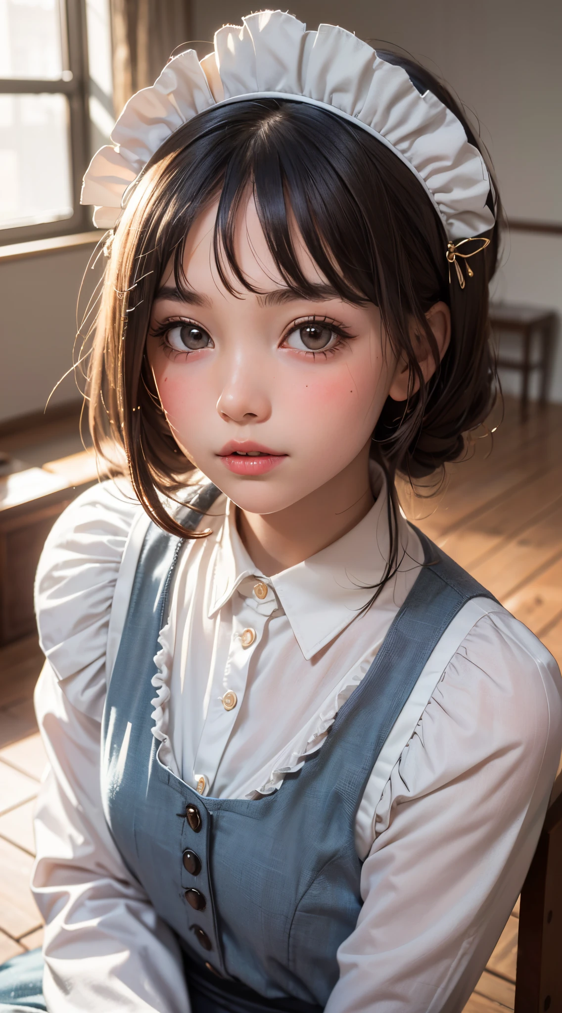 ((sfw:1.4)), ((sfw, extra short hair, sidelocks-hair, 1Girl)), Ultra High Resolution, (Realistic:1.4), RAW Photo, Best Quality, (Photorealistic), Focus, Soft Light, (()), ((Japanese)), (( (young face))), (surface), (depth of field), masterpiece, (realistic), wearing highly detailed (( maid clothes with frills and ribbon)), bangs, ((1 girl)),.()