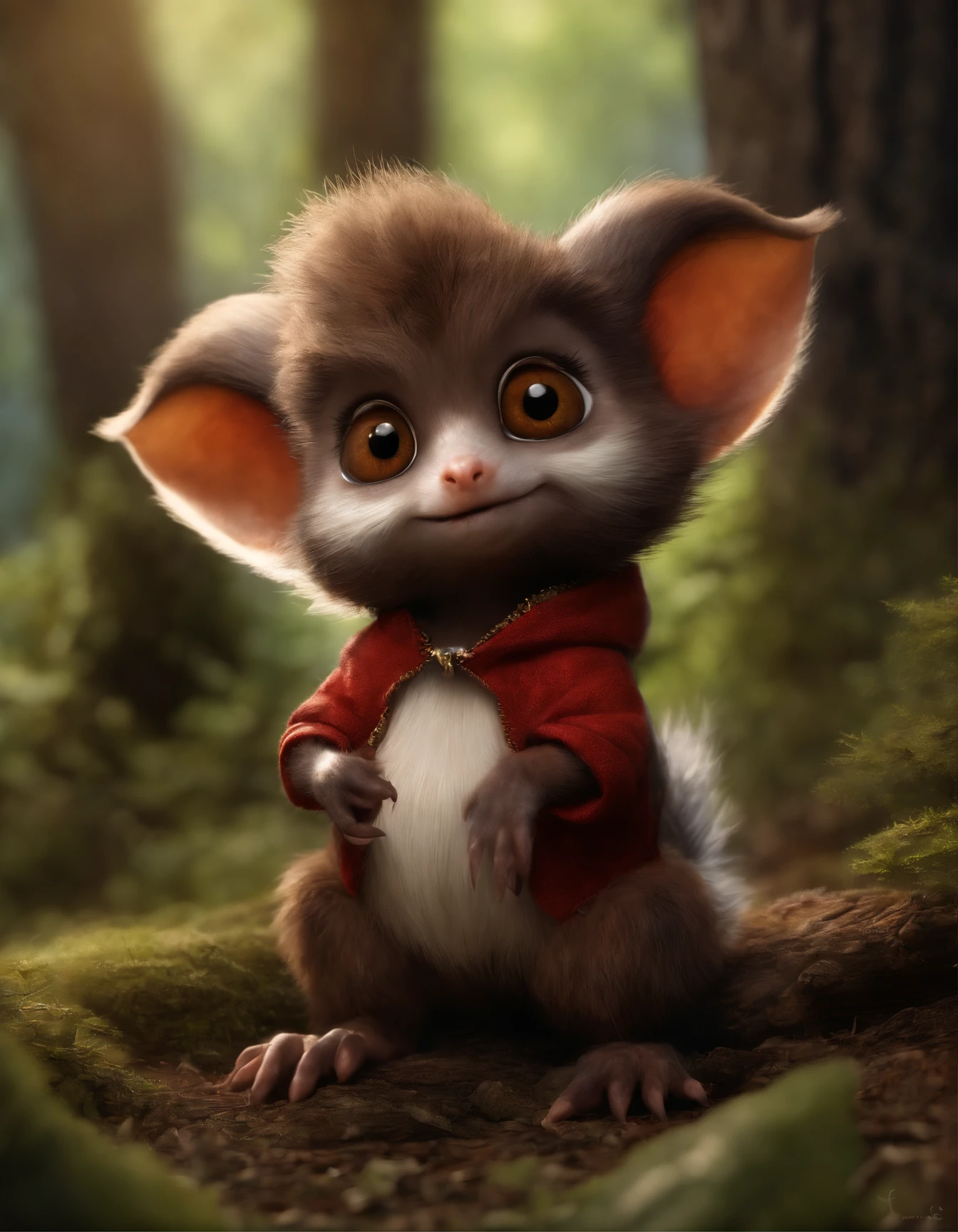(CBZBB:1.25),gremlin, gremlin, looks like a mole, ((Ez idna)), in a clearing under an oak tree, holding a large acorn in his paws, CBZBB,Cute, Small, baby, Beautiful, Fantasy art, deviant art, trending artstation, Digital Art, Detailed, Realistic, humanoid, character, tiny, Cinematic shot, cinematic portrait of a gremlin,, cute character, looks like a mole,gremlin, Like a squirrel,真实感, realism, Huge eyes, large ears, horns near the ears, big nut in paws, white and red fur, Big fluffy tail, brown vest with hood, The clothes, standing in the woods, Best Quality, Masterpiece, in style of dark fantasy art