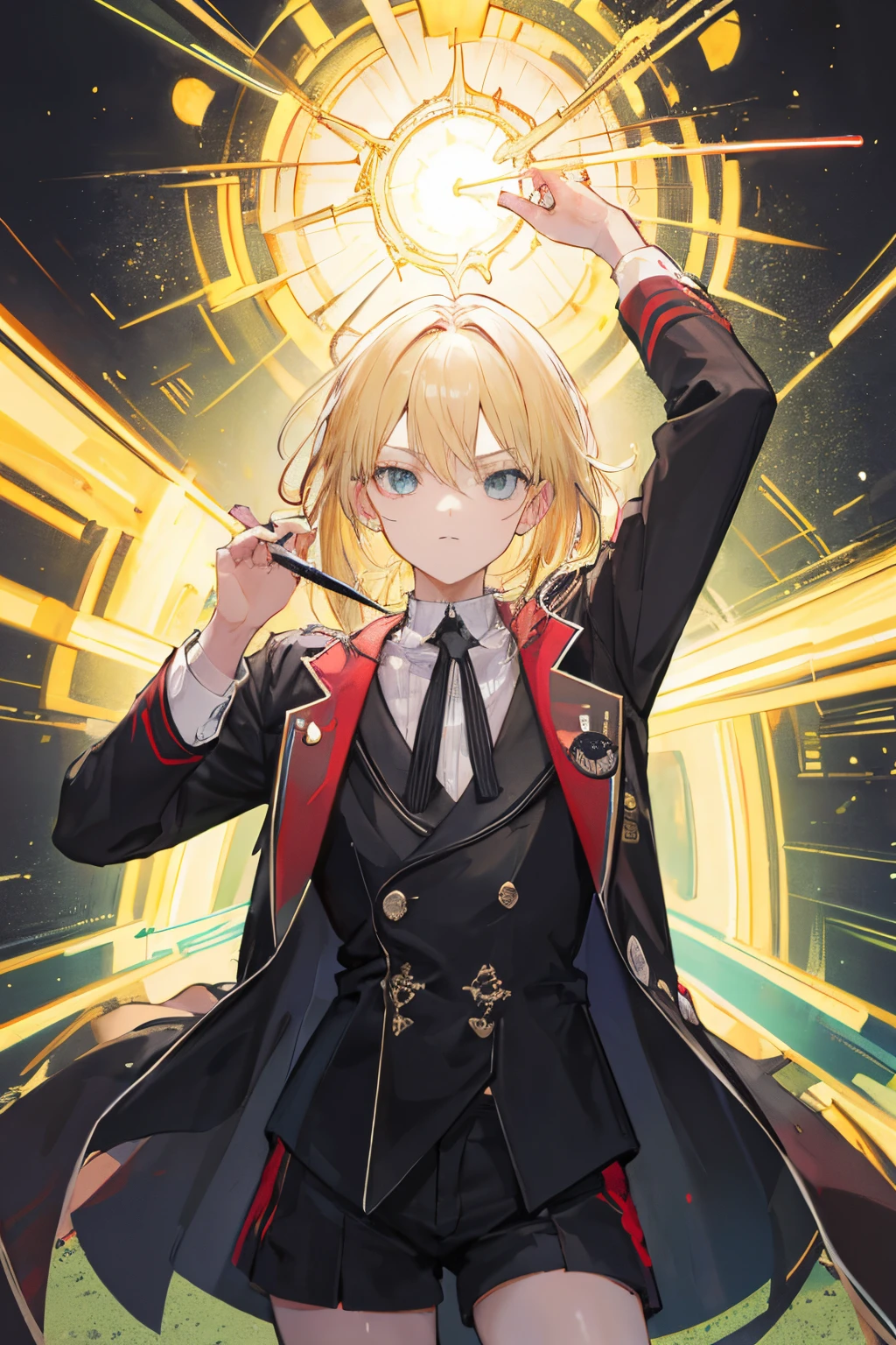 ((best quality)), ((Meisterwerk)), (Detailliert), Perfektes Gesicht, blonde Man stand in front of a neon Background and swinging a magic pen
