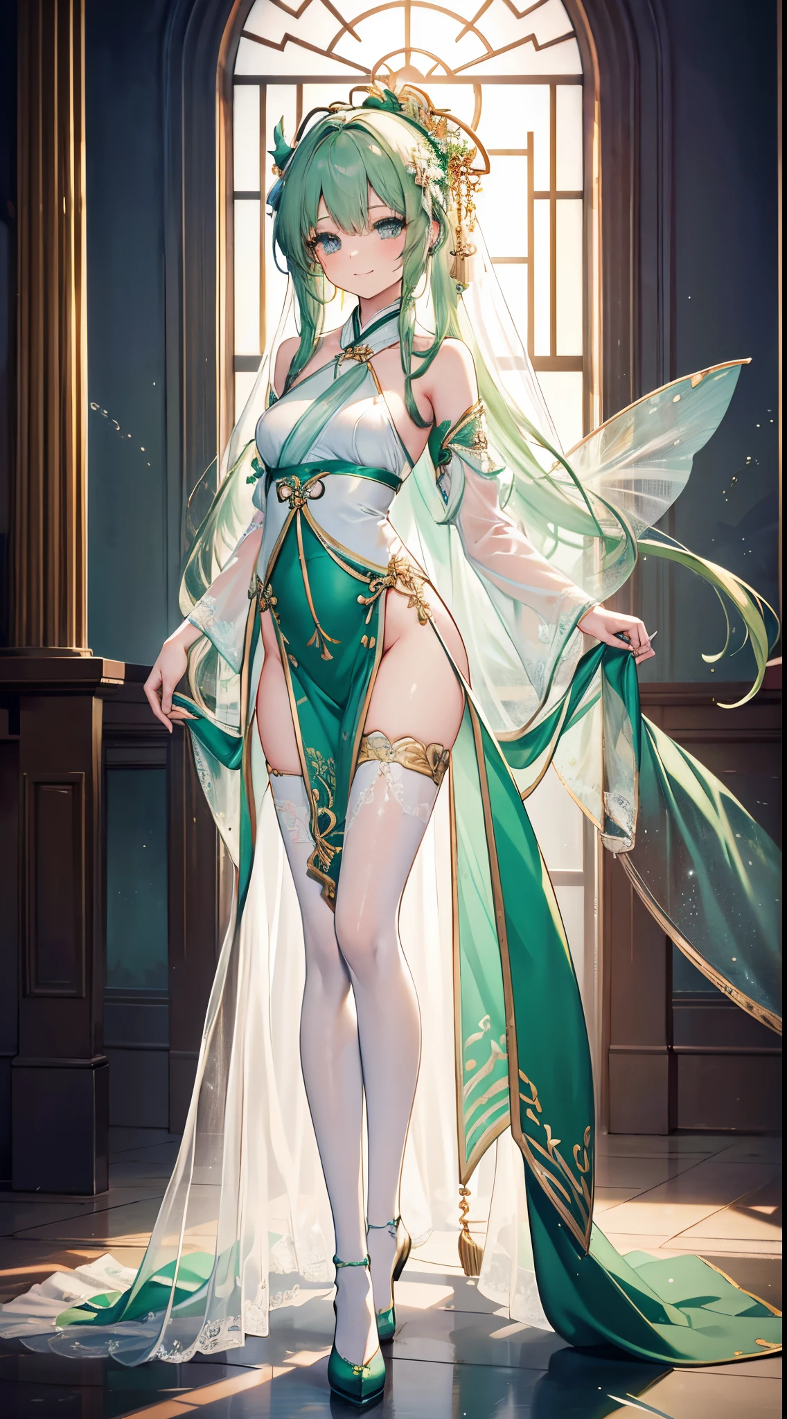 This is the water nymph standing in the old gallery，（Wearing sexy emerald green see-through mesh halterneck bellyband uniform Hanfu hollow 1.5），Slim, long, Beautiful legs in stockings，Perfect body proportion, long slim figure,（ Full body photo of person close-up 1.2），happy happy shy expression