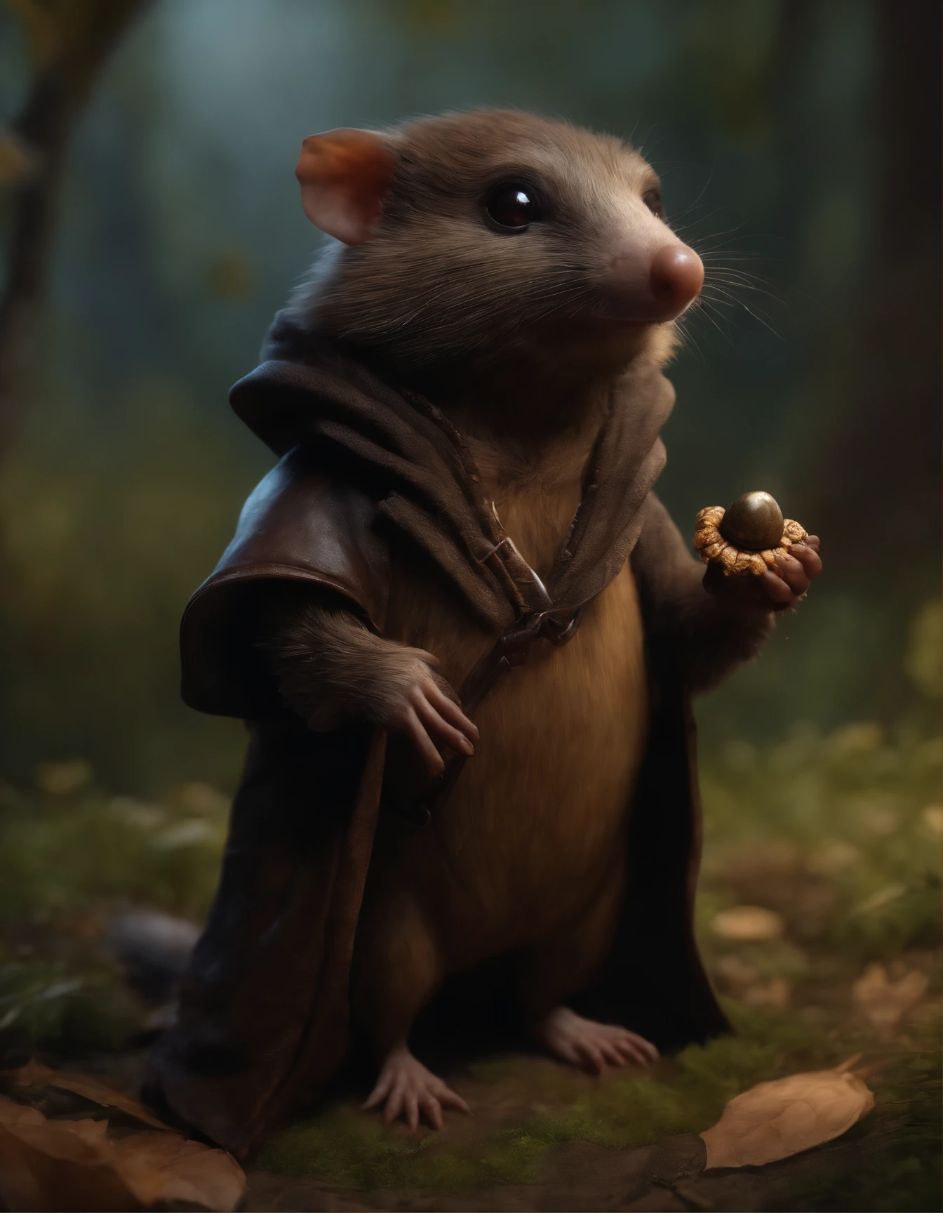(CBZBB:1.25)Realism,gremlin, gremlin looks like a mole, ((Ez idna)), in a clearing under an oak tree, holding a large acorn in his paws, dressed in a dark leather vest with a hood, CBZBB,Cute, Small, baby, Beautiful, Fantasy art, deviant art, trending artstation, Digital Art, Detailed, Realistic, humanoid, character, tiny, Cinematic shot, cinematic portrait of a mole, cute character, looks like a mole,