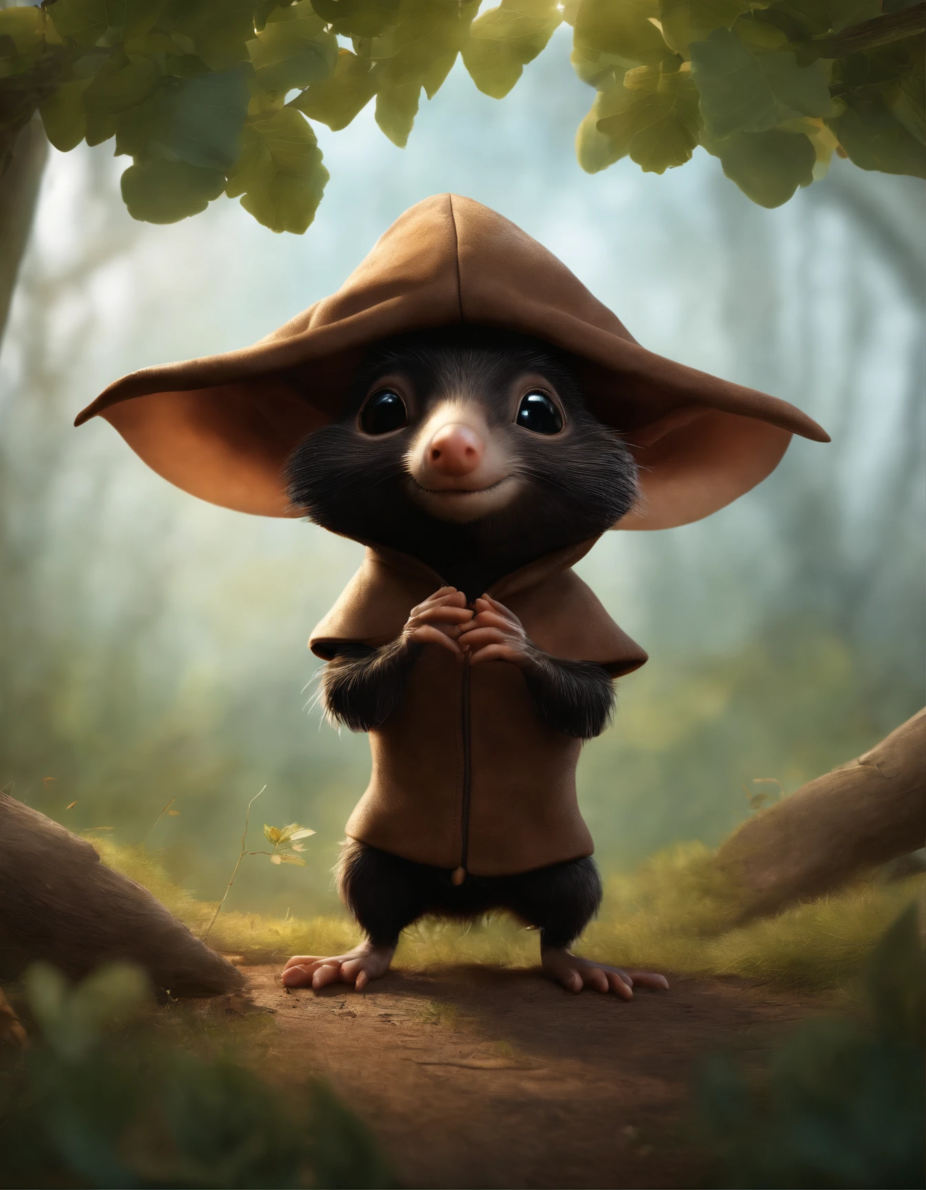 (CBZBB:1.25)Realism,gremlin, gremlin looks like a mole, ((Ez idna)), in a clearing under an oak tree, holding a large acorn in his paws, dressed in a dark leather vest with a hood, CBZBB,Cute, Small, baby, Beautiful, Fantasy art, deviant art, trending artstation, Digital Art, Detailed, Realistic, humanoid, character, tiny, Cinematic shot, cinematic portrait of a mole, cute character, looks like a mole,