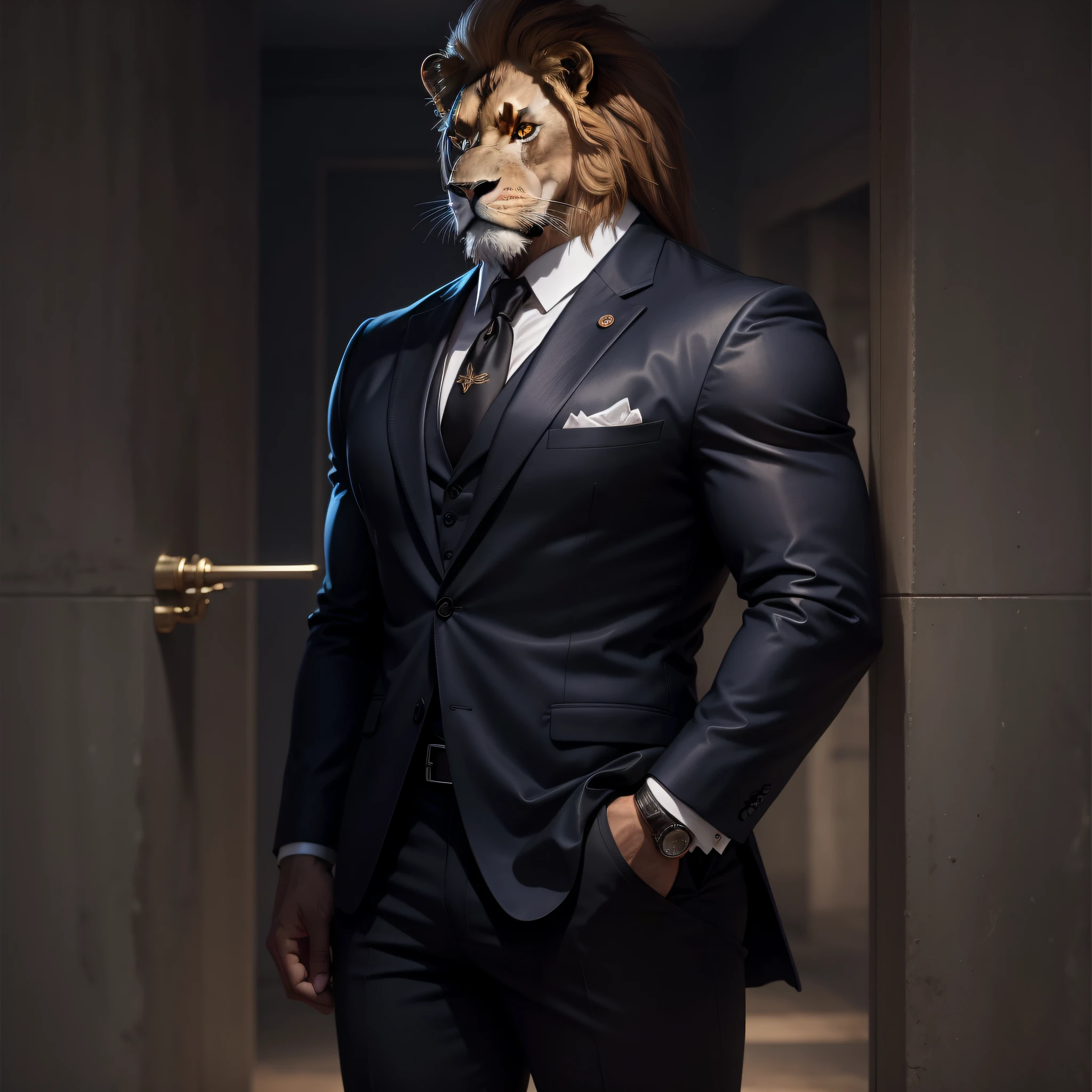 Male lion in suit, Esbian de corpo inteiro、Strong Lion、Beautiful hair standing up