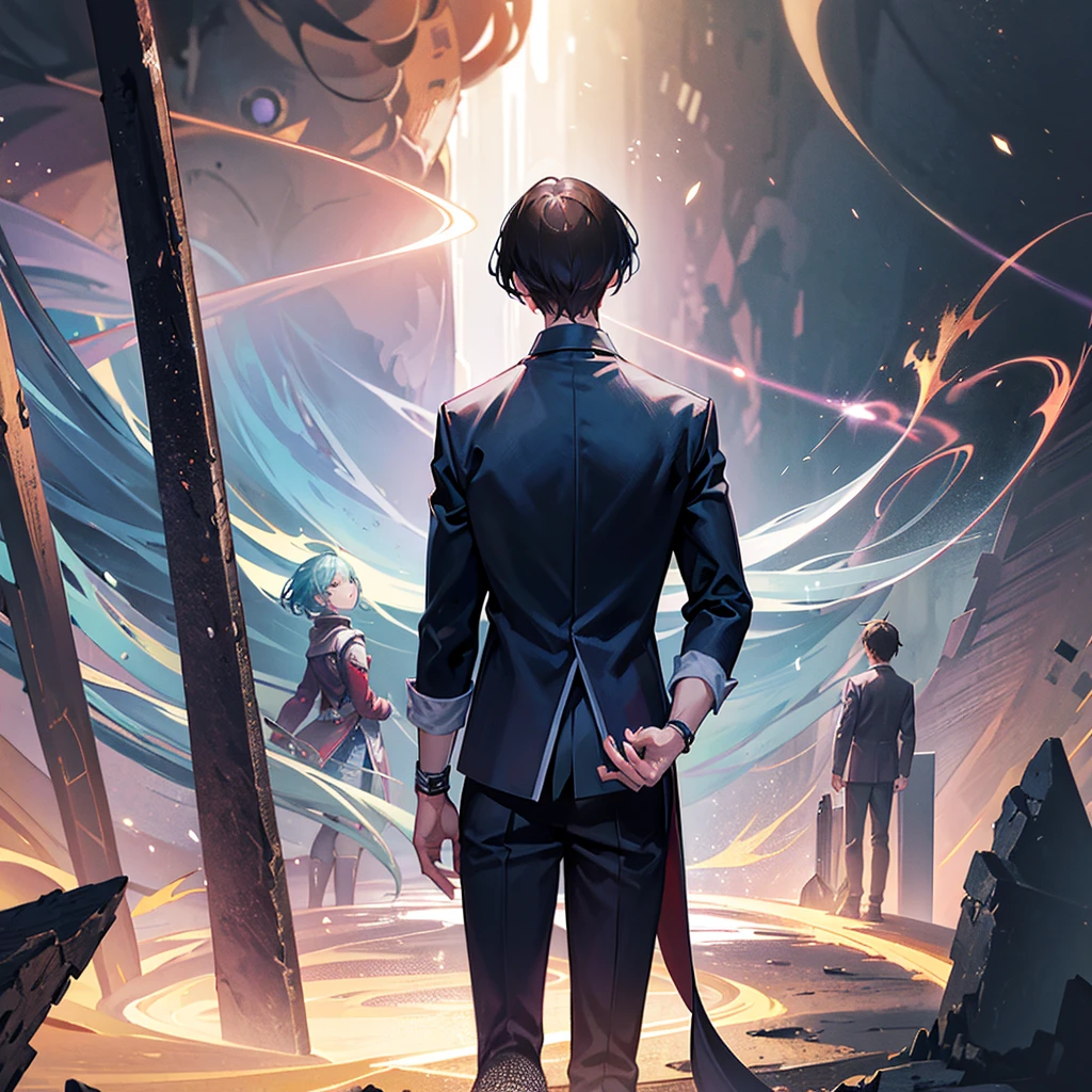 book cover, Two characters, 1 boy and 1 girl, gripped by fear, their expressions etched with uncertainty and trepidation. They stand at the precipice, pushed toward a mysterious portal, their hands tightly clutching each other amidst a chaotic swirl of unique and powerful items from other worlds.
