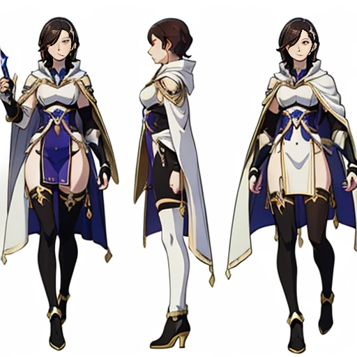 (((Best Quality))) , ((full body)), female, multiple views, (white background), holding weapon, white cloak, gauntlets, holding shield, dark hair,