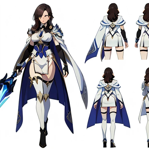 (((Best Quality))) , ((full body)), female, multiple views, (white background), holding weapon, white cloak, gauntlets, holding shield, dark hair,