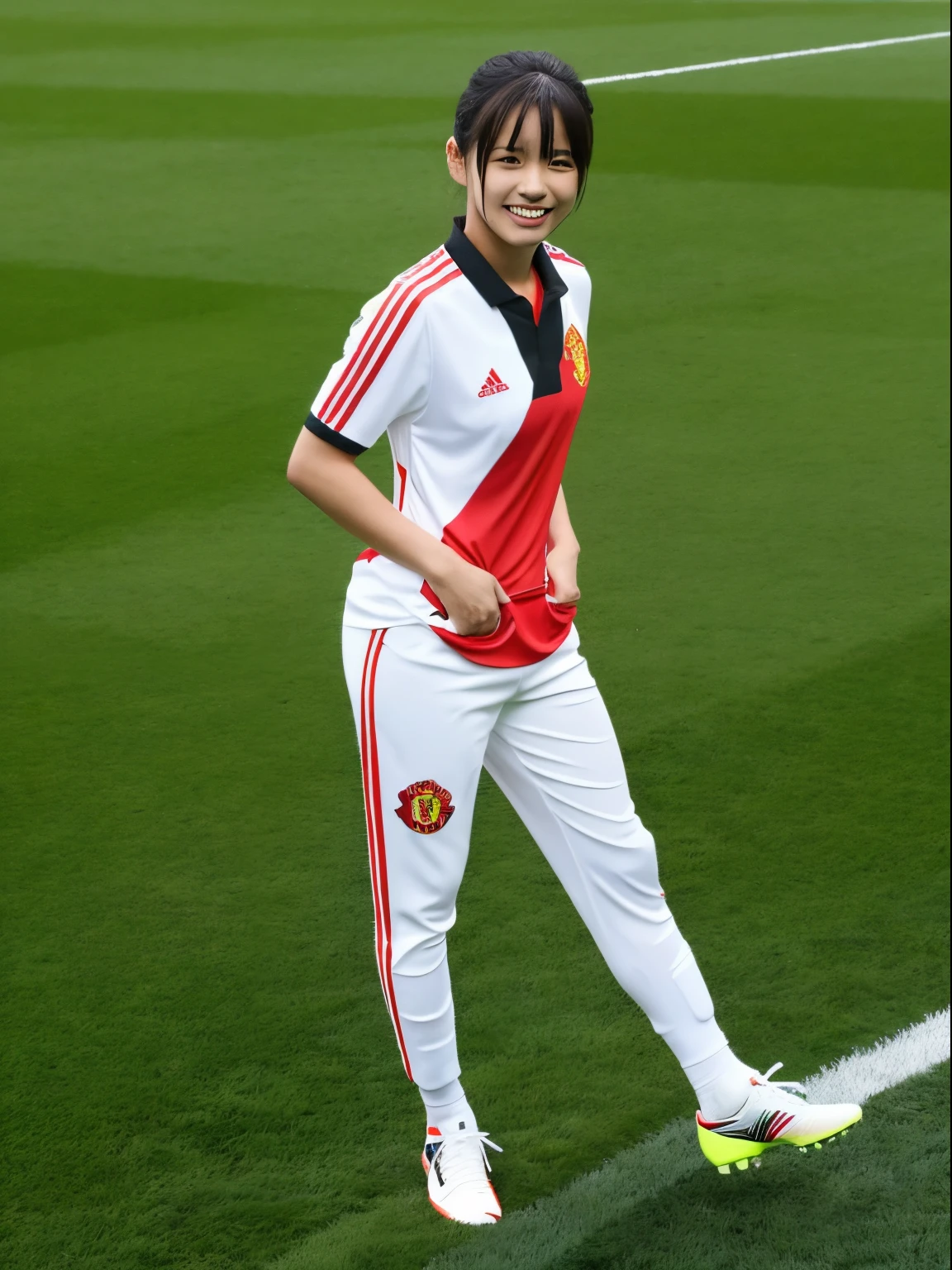 (masutepiece, of the highest quality, Best Quality, Official art, Beautiful and aesthetic:1.2), 1girl in, Full-body high-definition images,modern aesthetic,Detailed images of beautiful women,female soccer player,manchester united uniform,White uniform with red accents,Red lines on both vertical sides of the cuffs and bottom pants,on the grass pitch of the stadium He stands with the ball in front of him, looks at me, smiles, and looks at the camera.,Full-body high-definition image、