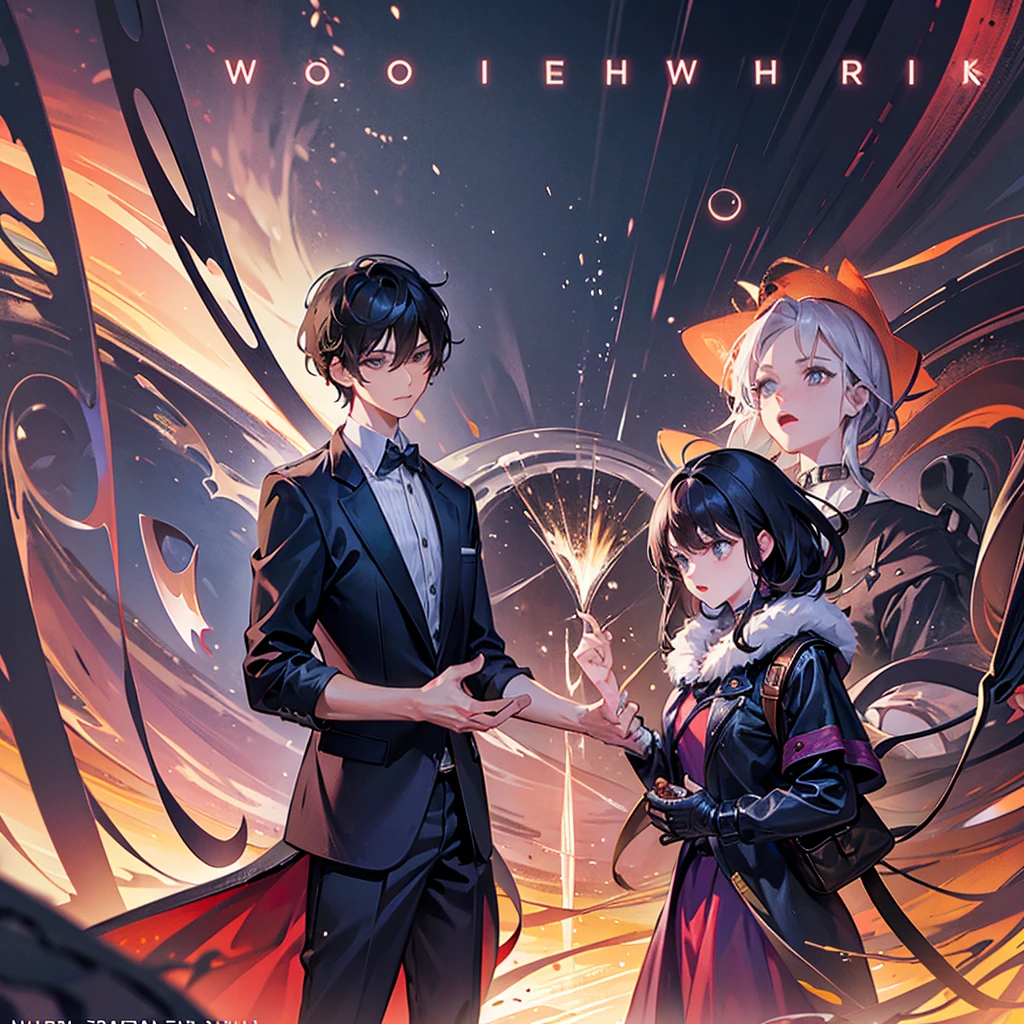 book cover, Two characters, 1 boy and 1 girl, gripped by fear, their expressions etched with uncertainty and trepidation. They stand at the precipice, pushed toward a mysterious portal, their hands tightly clutching each other amidst a chaotic swirl of unique and powerful items from other worlds.