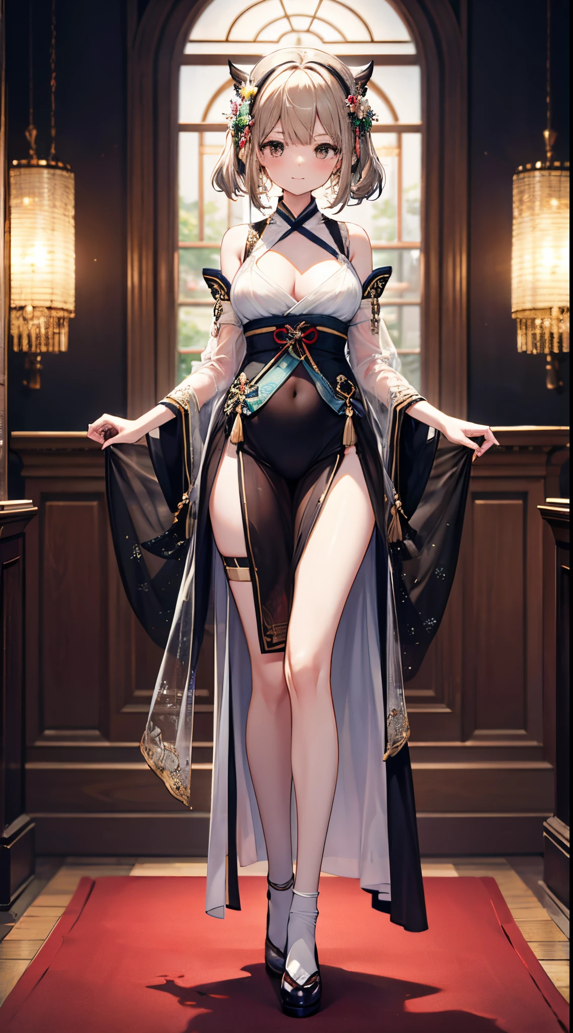 This is the water nymph standing in the old gallery，（Wearing sexy emerald green see-through mesh halterneck bellyband uniform Hanfu hollow 1.5），Slim, long, Beautiful legs in stockings，Perfect body proportion, long slim figure,（ Close-up full body photo of person 1.2），Happy happy shy expression，Crystal clear gray-brown eye mask，A large number of complex pattern decorations on clothing