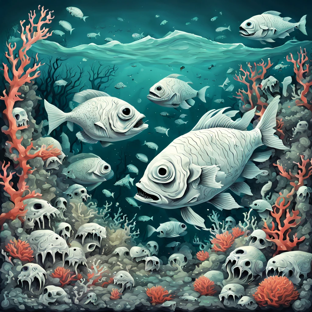 A coral reef as white as bone dead and undead with zombie fish drifting within, in surrealism art style