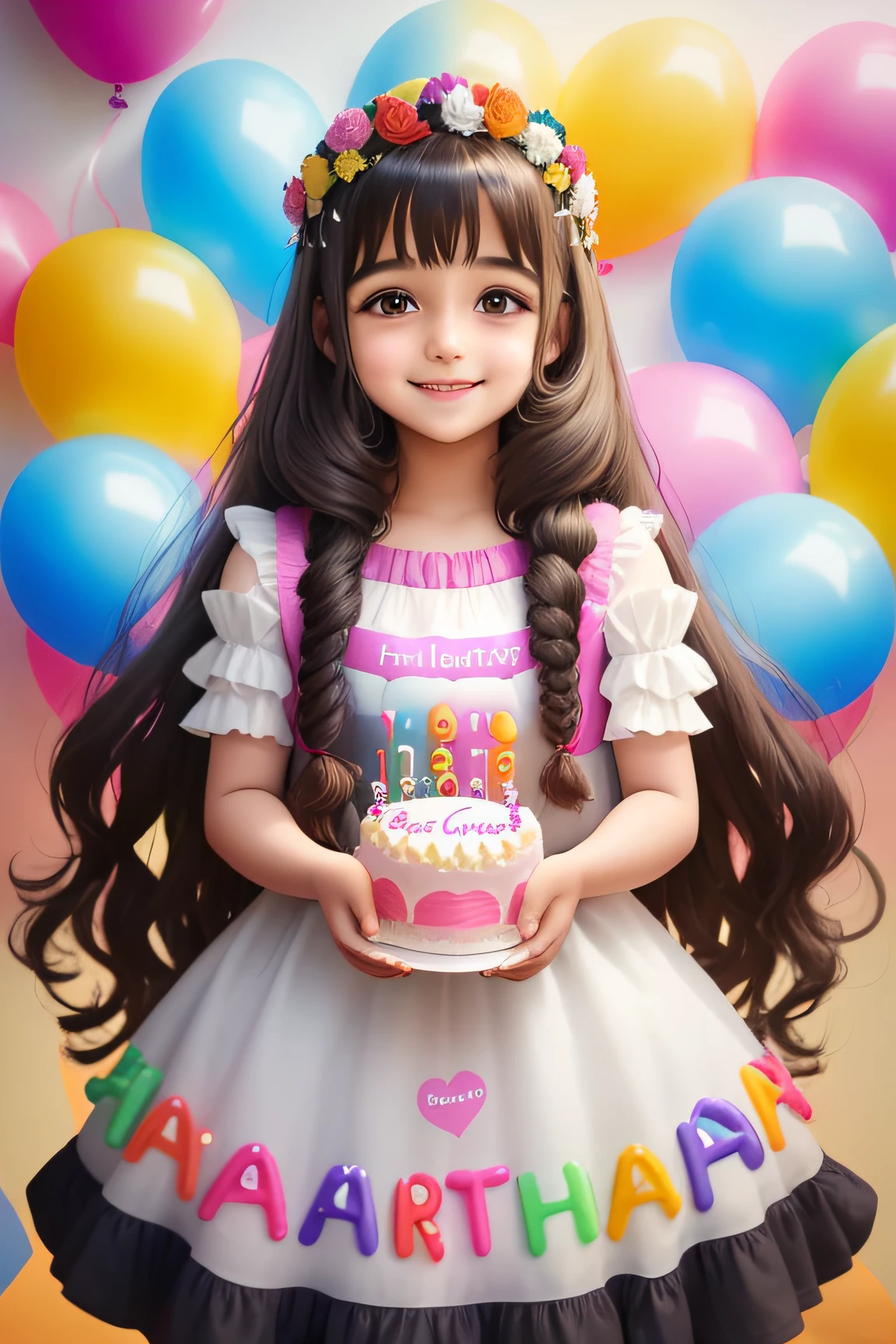 long hair girl in skirt，Two hands holding a big birthday cake，looks into camera，Show a happy smile， Surrounded by colorful balloons，The cake says &quot;Nikhil&quot;. Happy birthday banner in background.