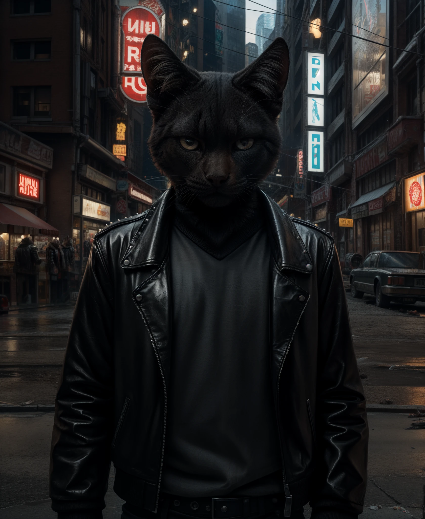 anthro, domestic black cat, feline, black cat, black, male, looking at the viewer, leather jacket, studded jacket, dark colored pants, annoyed, city setting, futuristic, BREAK, (detailed background:1.2),high detail, film photography, RAW candid cinema, realistic, analog style, best quality, ultra realistic, 8k,