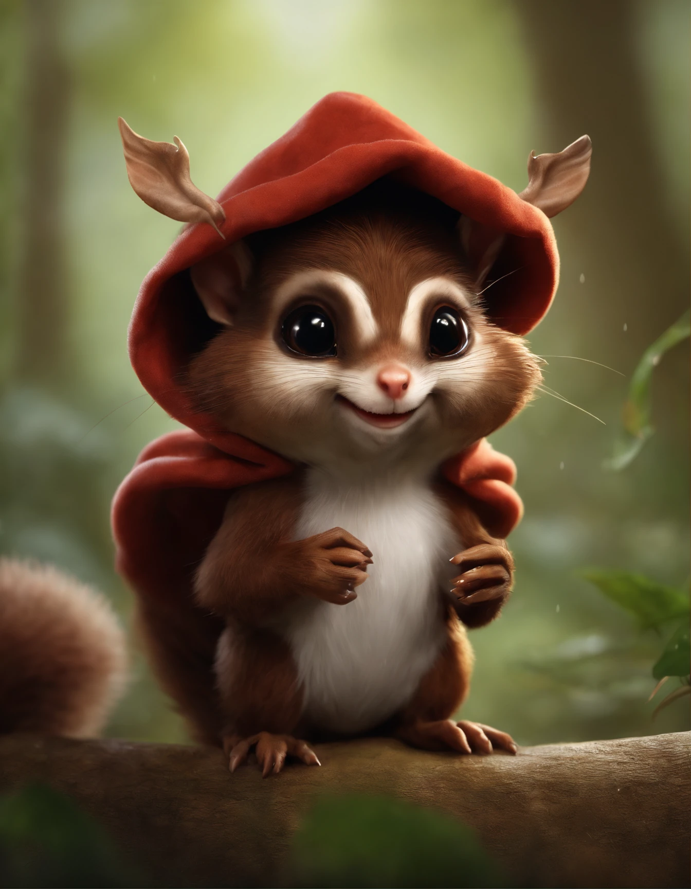 (CBZBB:1.25),gremlin, gremlin, looks like a squirrel, ((Ez idna)), in a clearing under an oak tree, holding a large acorn in his paws, Large tasseled ears, stands under an oak leaf, rain is dripping, CBZBB,Cute, Small, baby, Beautiful, Fantasy art, deviant art, trending artstation, Digital Art, Detailed, Realistic, humanoid, character, tiny, Cinematic shot, cinematic portrait of a gremlin,, cute character, looks like a mole,gremlin, Like a squirrel,真实感, Realism, Huge eyes, large ears, tassels on the ears, big nut in paws, white and red fur, Big fluffy tail, brown vest with hood, The clothes, standing in the woods, Best Quality, Masterpiece, in style of dark fantasy art