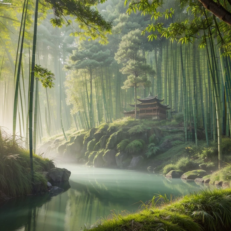 (best quality,4k,8k,highres,masterpiece:1.2),ultra-detailed,(realistic,photorealistic,photo-realistic:1.37),mountain bamboo forest,daoist,ethereal mist,rugged green robe