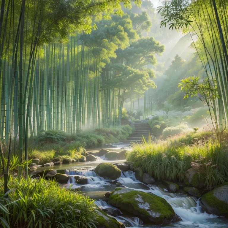 (best quality,4k,8k,highres,masterpiece:1.2),ultra-detailed,(realistic,photorealistic,photo-realistic:1.37),mountain bamboo forest,daoist,ethereal mist,rugged green robe