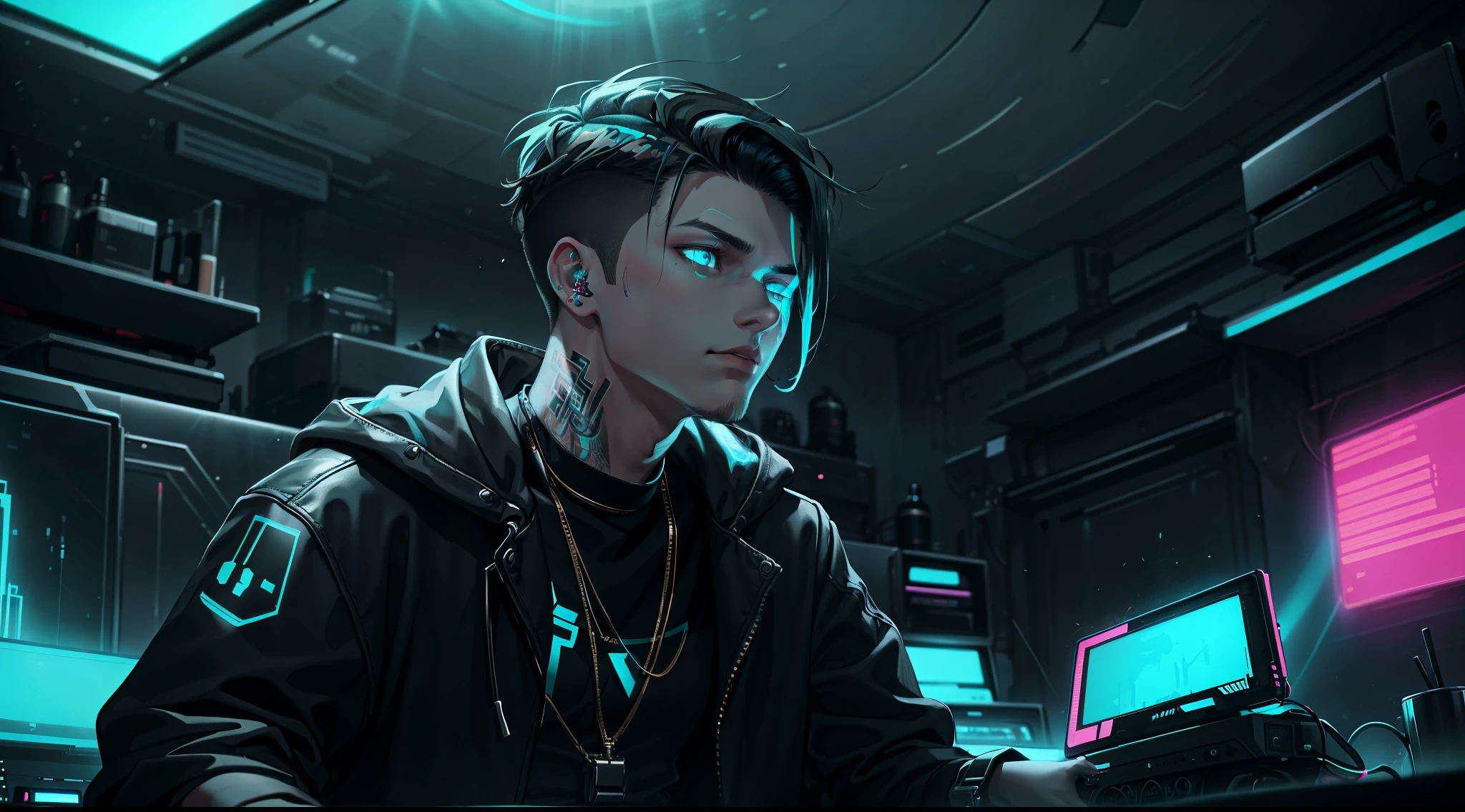 Guy DJ in the club, Прическа Undercut, Cyan eyes, A guy of European appearance, black hair color