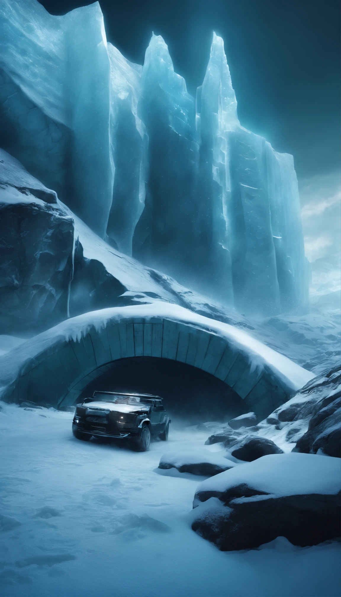 cyber punk perssonage, Mechanical, Broken, There is a photo of a very large iceberg, cyber punk perssonage, Mechanical, Broken, There is a lot of snow, dungeon background, pillars of ice background, arena background, game background, Dark dark cave background,